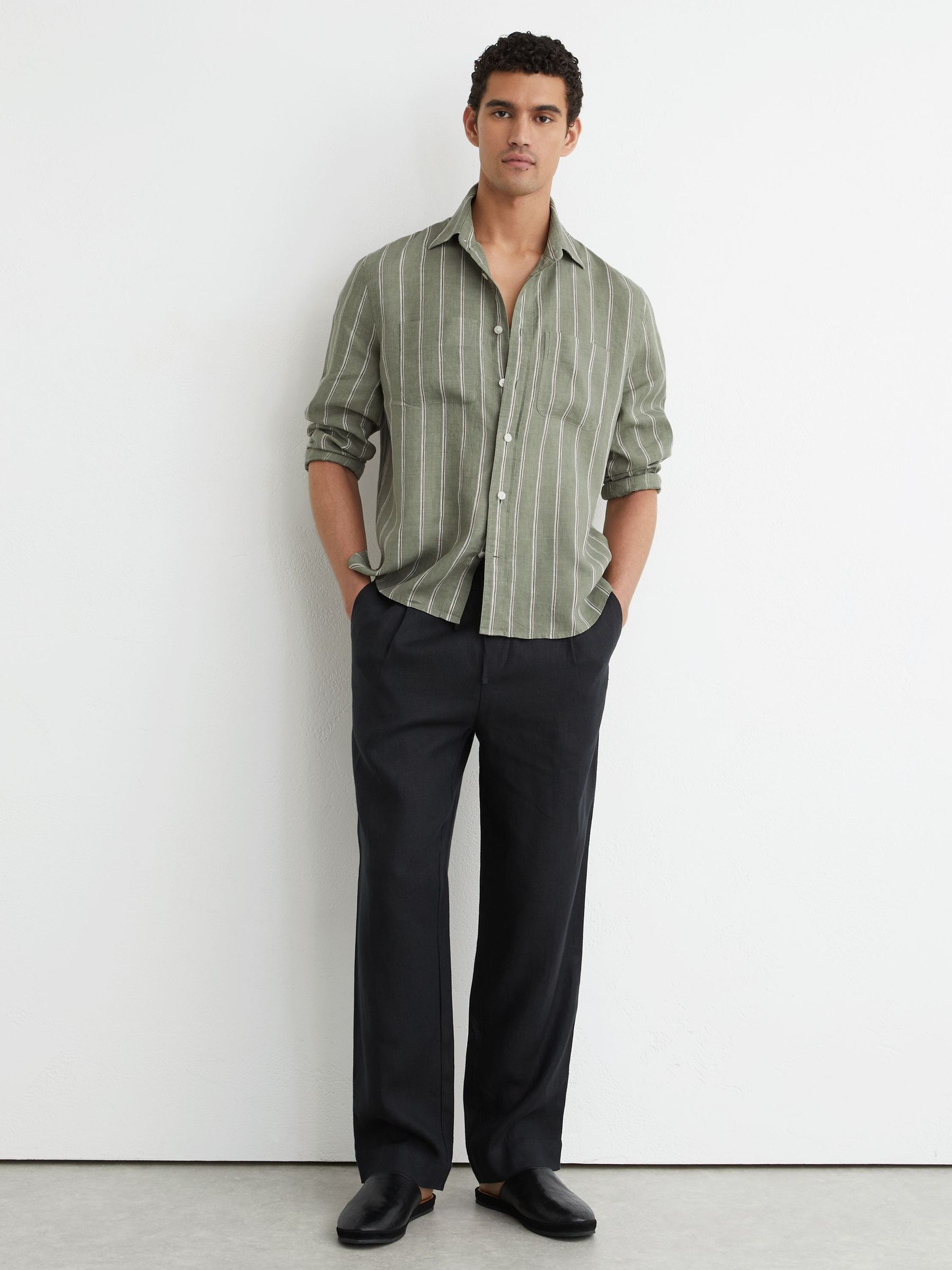 Linen Striped Regular-Fit Shirt in Green/White - Image 1 of 7