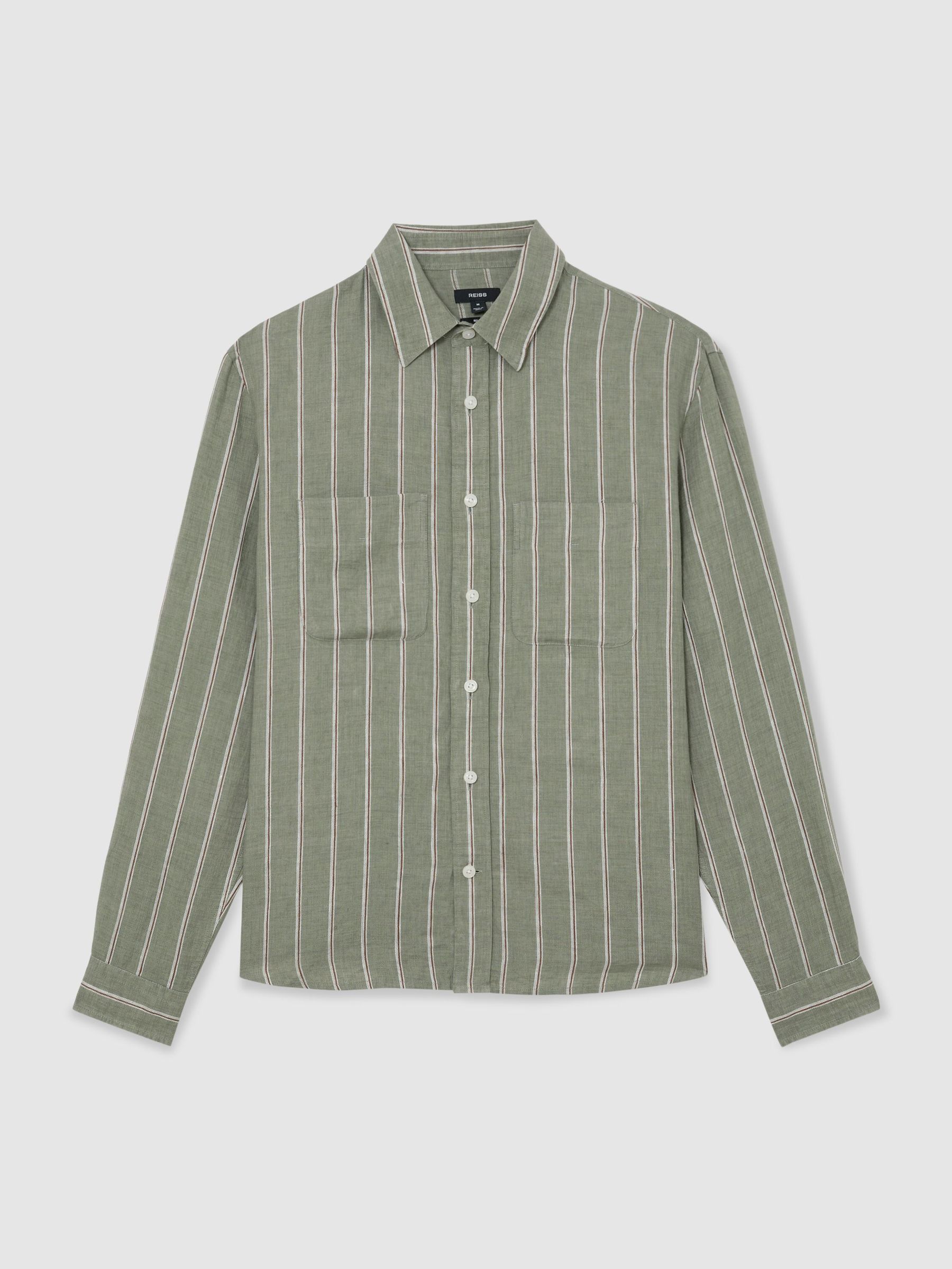 Linen Striped Regular-Fit Shirt in Green/White - image 1