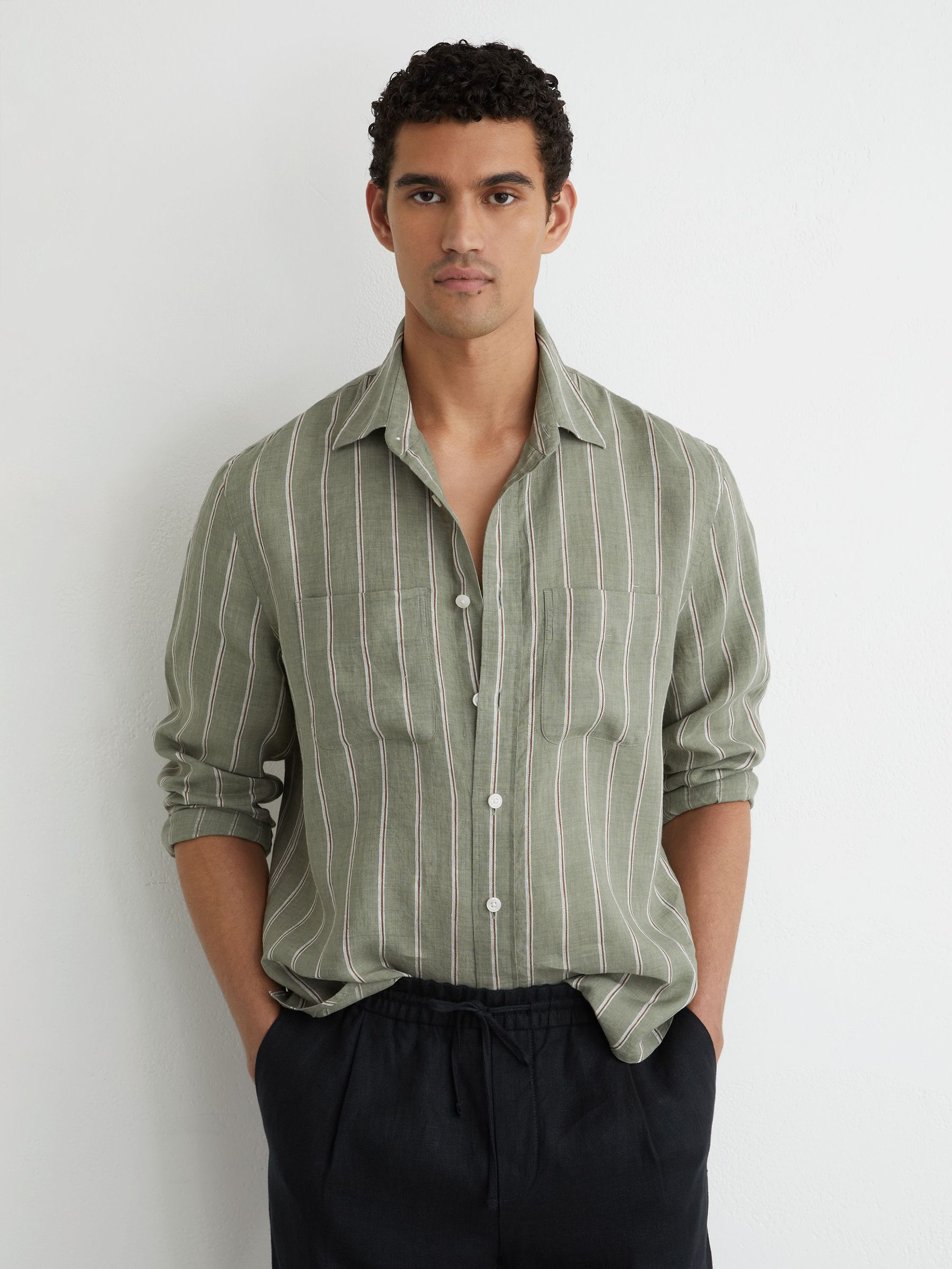 Linen Striped Regular-Fit Shirt in Green/White - Image 3 of 7