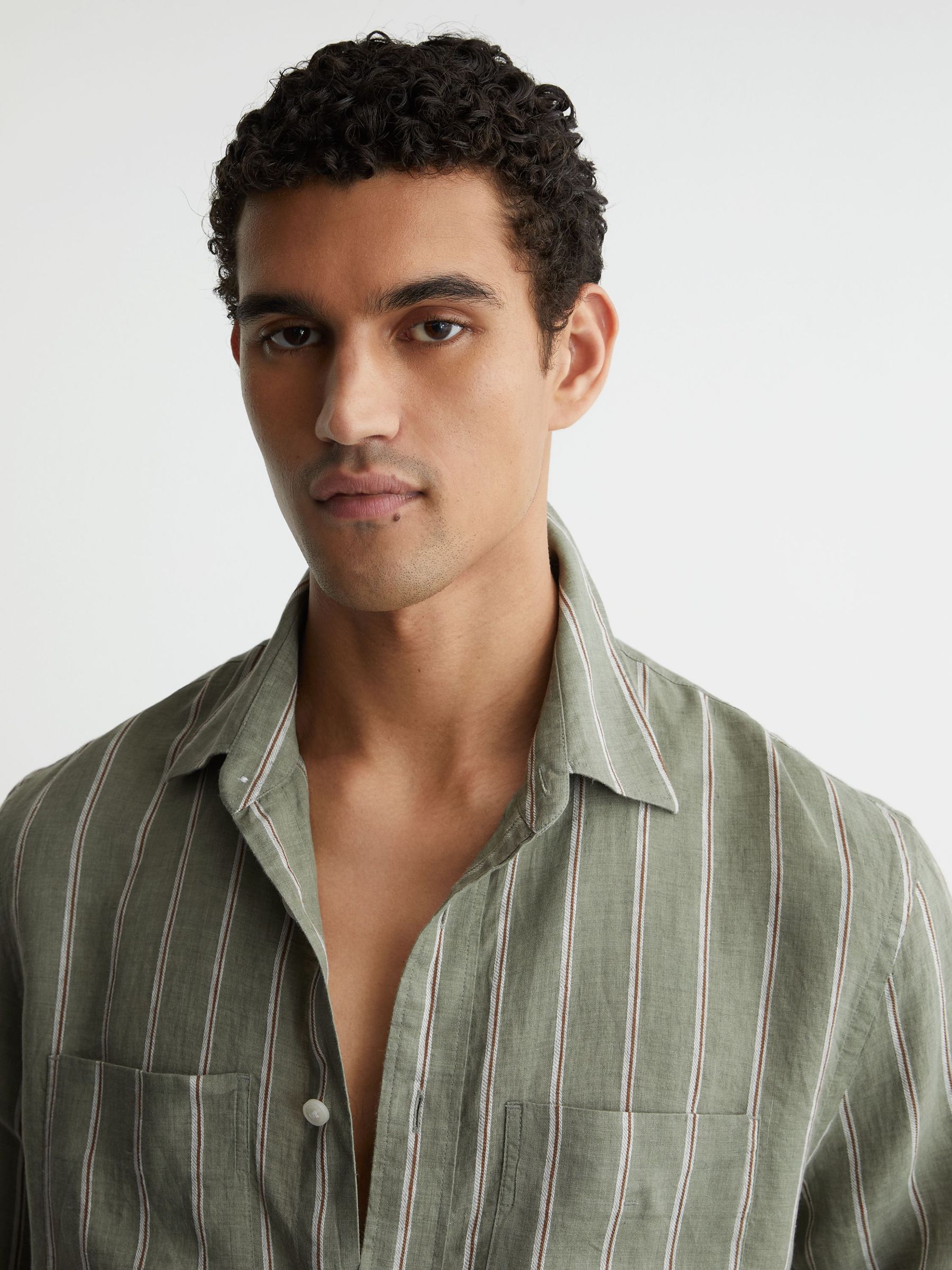 Linen Striped Regular-Fit Shirt in Green/White - Image 4 of 7