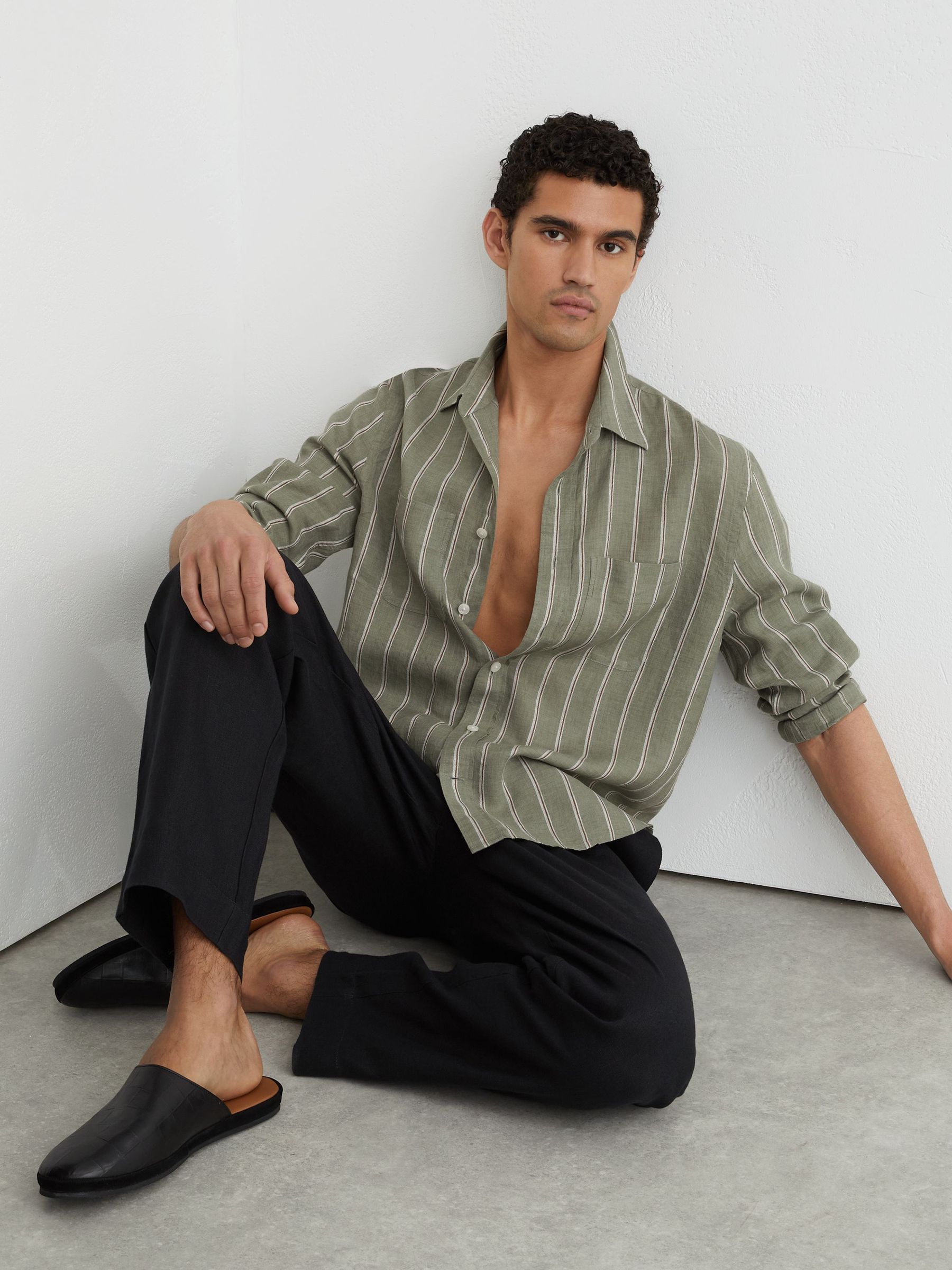 Linen Striped Regular-Fit Shirt in Green/White - Image 5 of 7
