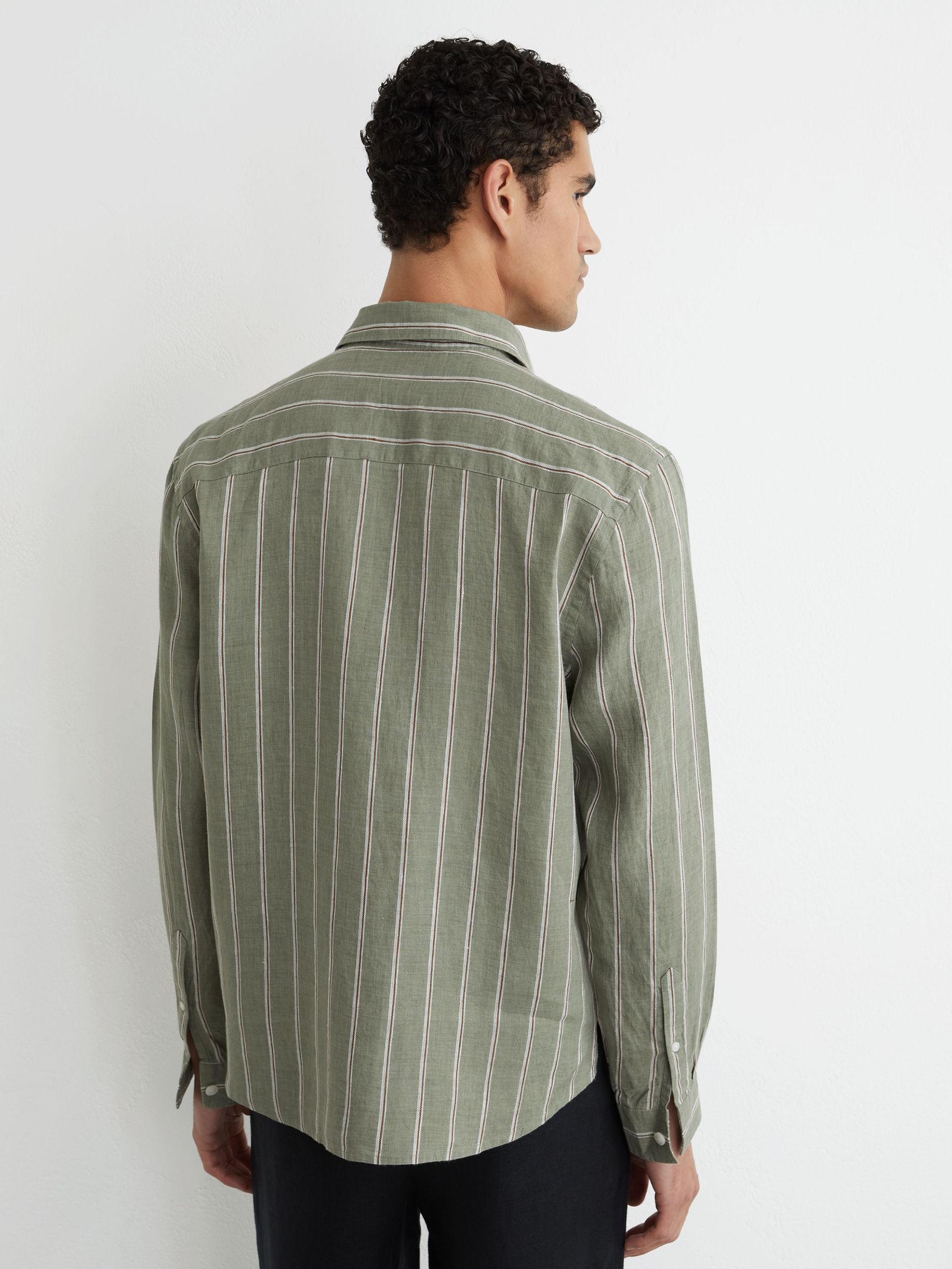Linen Striped Regular-Fit Shirt in Green/White - Image 6 of 7