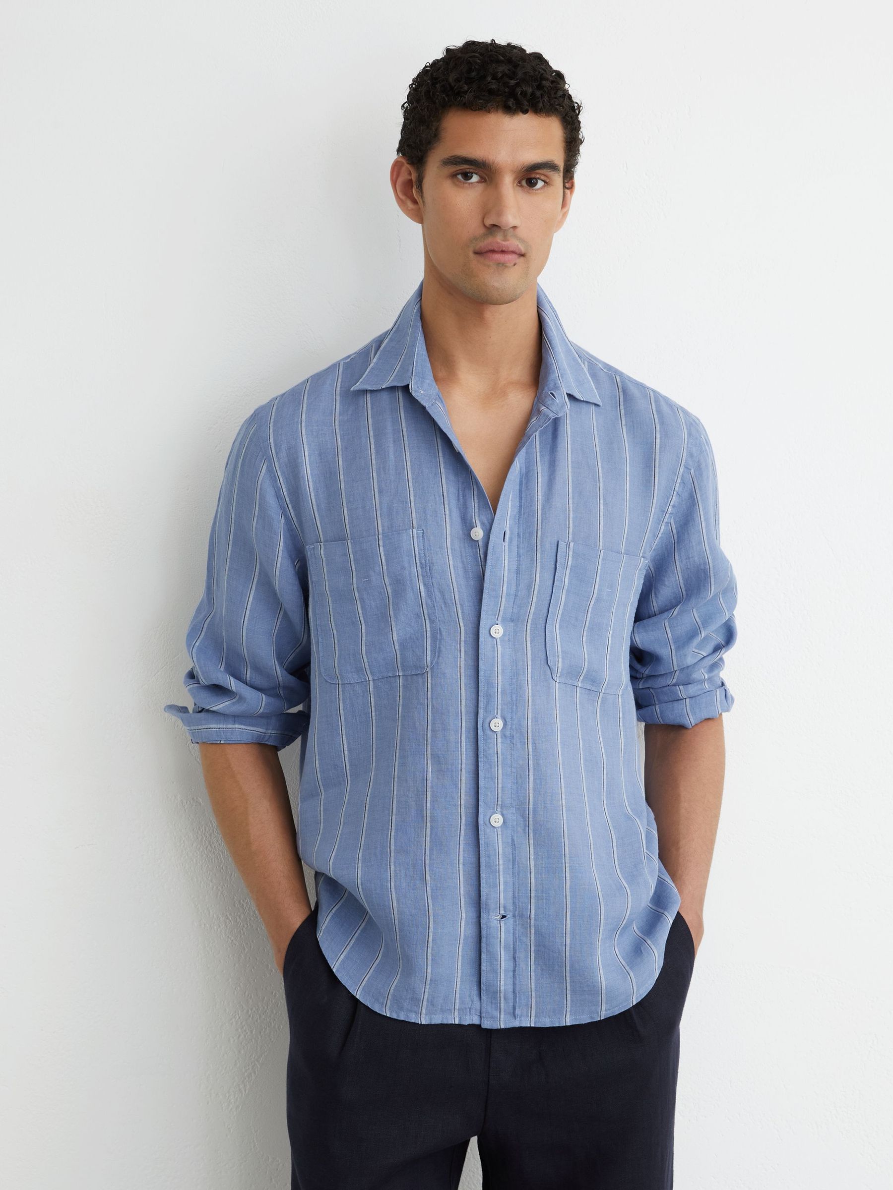 Linen Striped Regular-Fit Shirt in Blue/White - Image 1 of 7