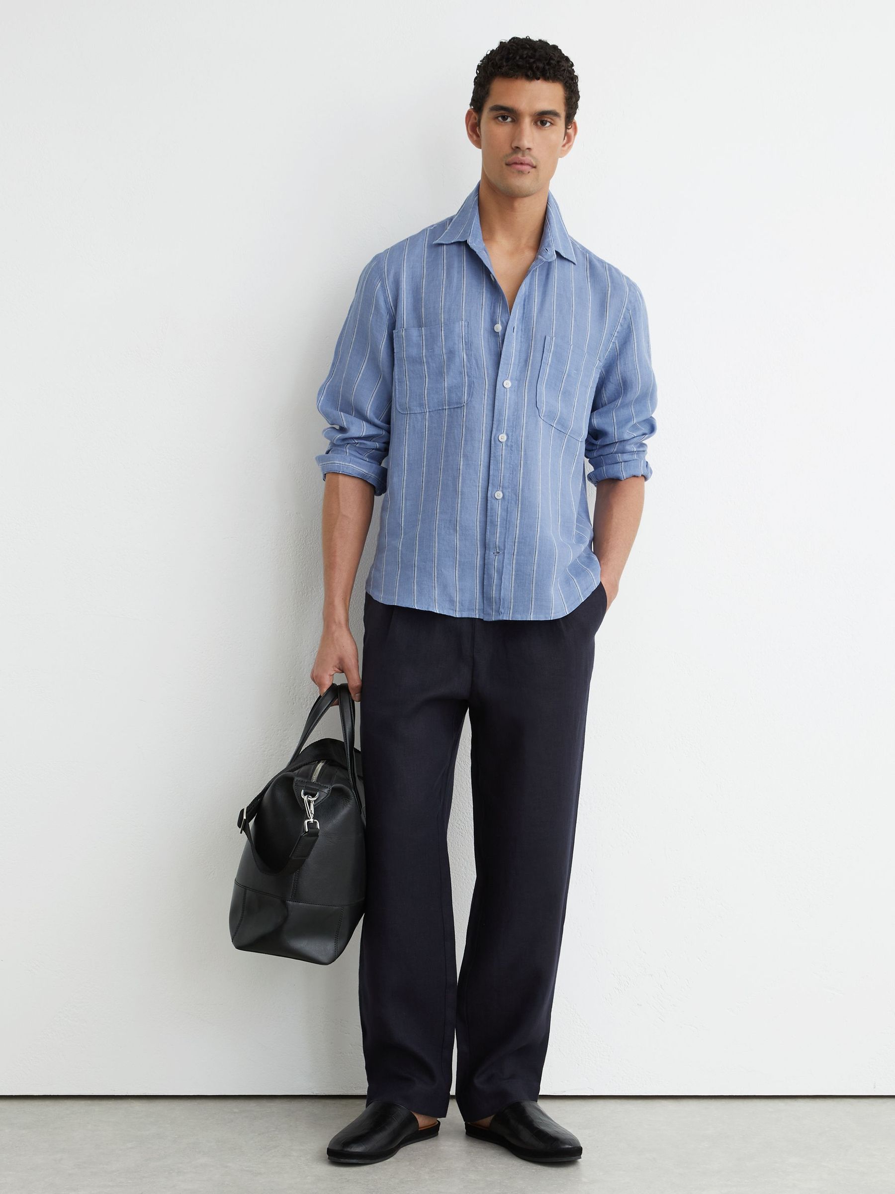 Linen Striped Regular-Fit Shirt in Blue/White - Image 3 of 7
