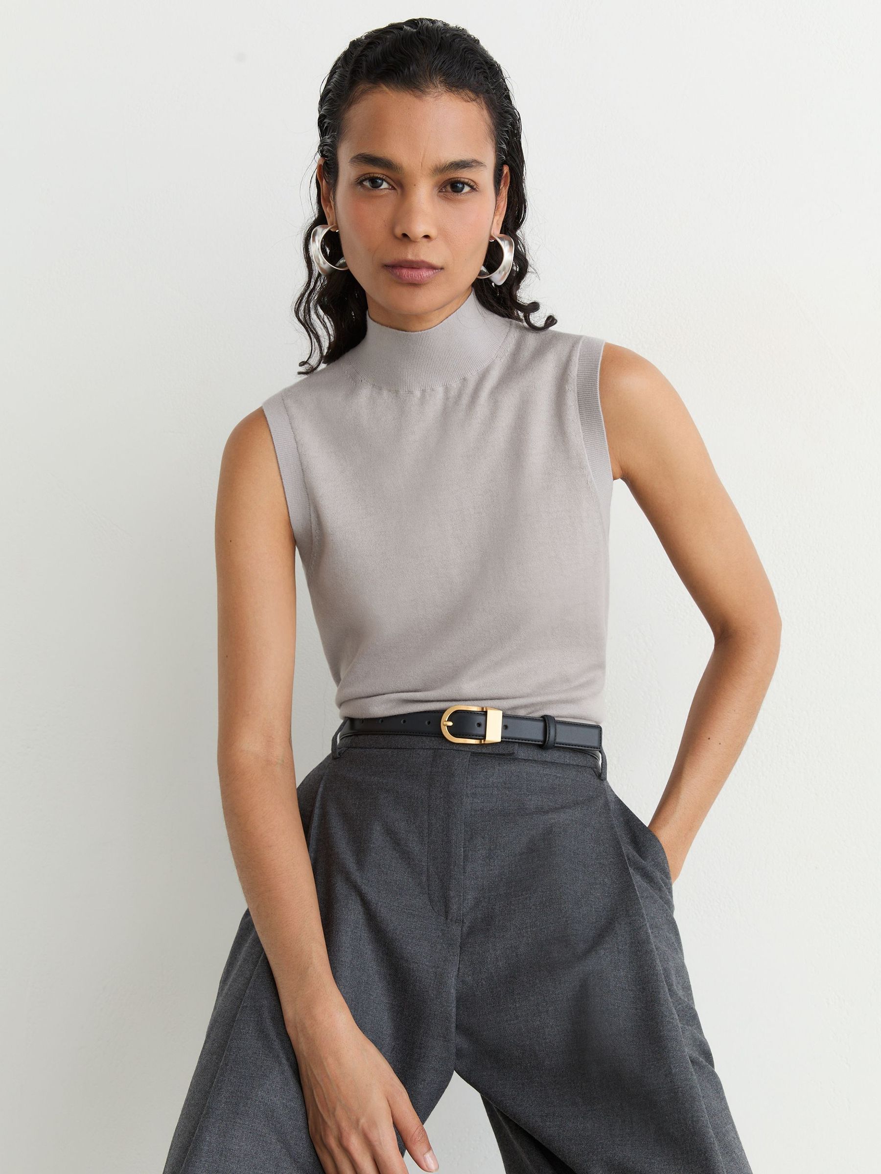 Merino Wool Funnel-Neck Sleeveless Top in Grey - Image 3 of 7