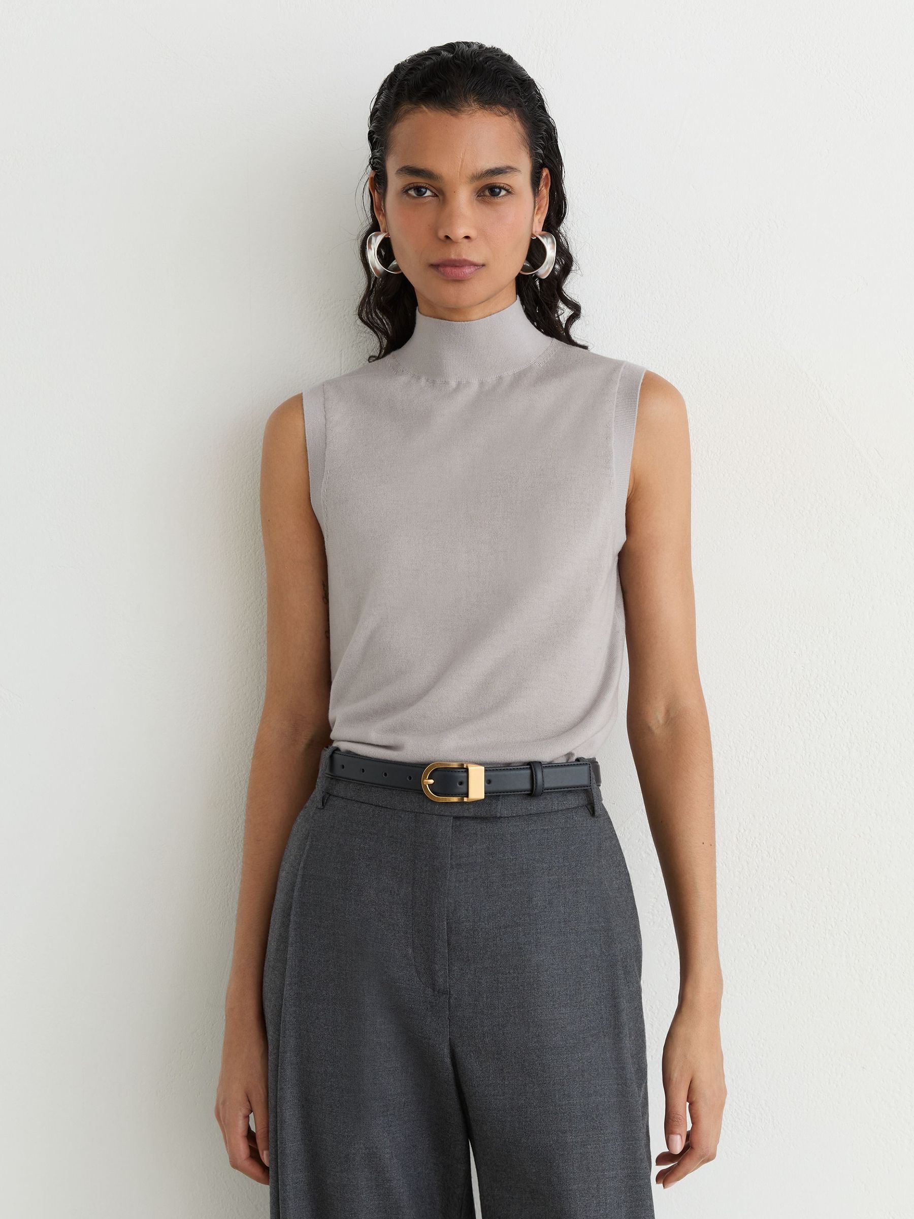 Merino Wool Funnel-Neck Sleeveless Top in Grey - Image 6 of 7