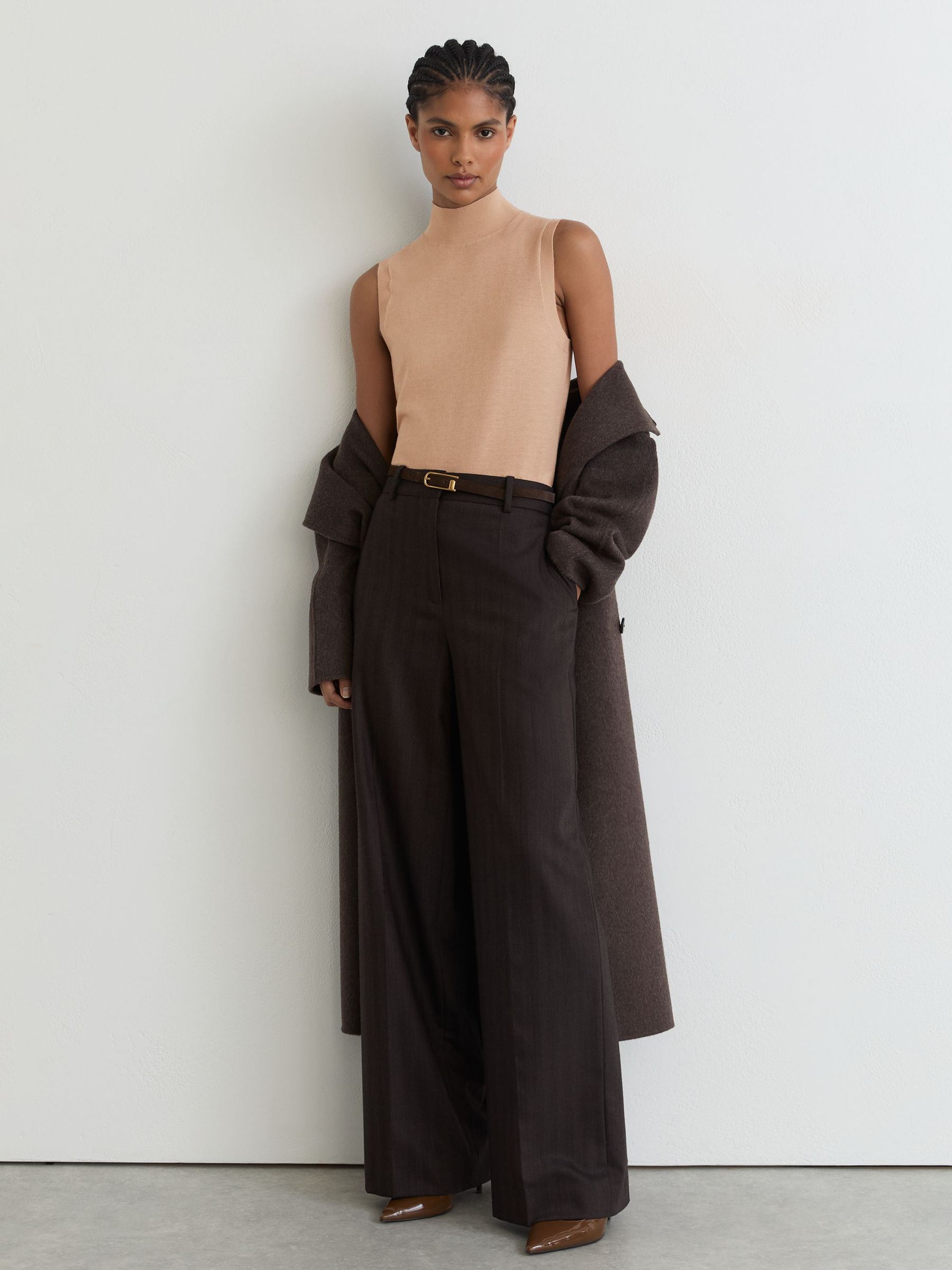 Merino Wool Funnel-Neck Sleeveless Top in Camel - Image 1 of 6