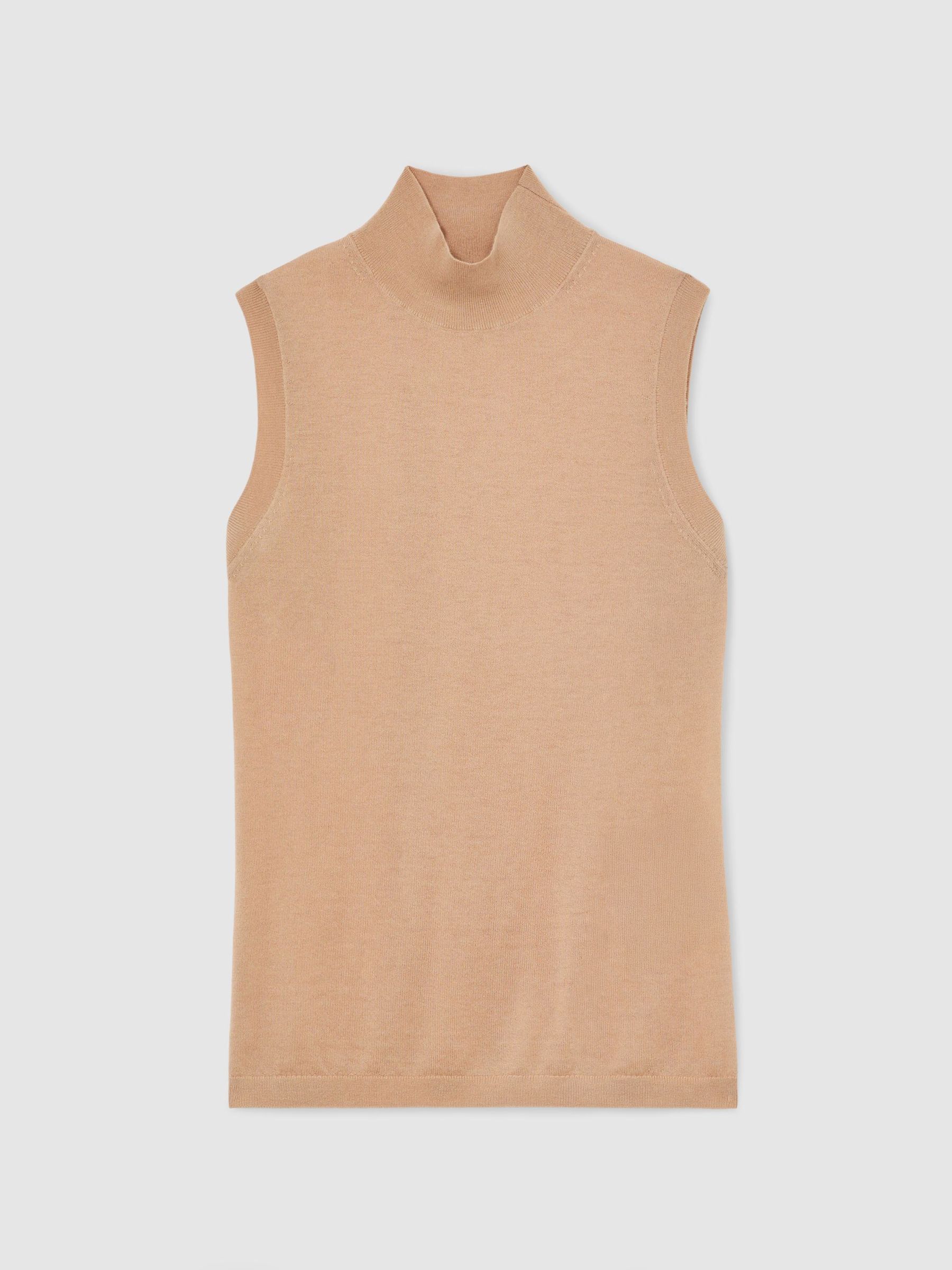 Merino Wool Funnel-Neck Sleeveless Top in Camel - Image 2 of 6