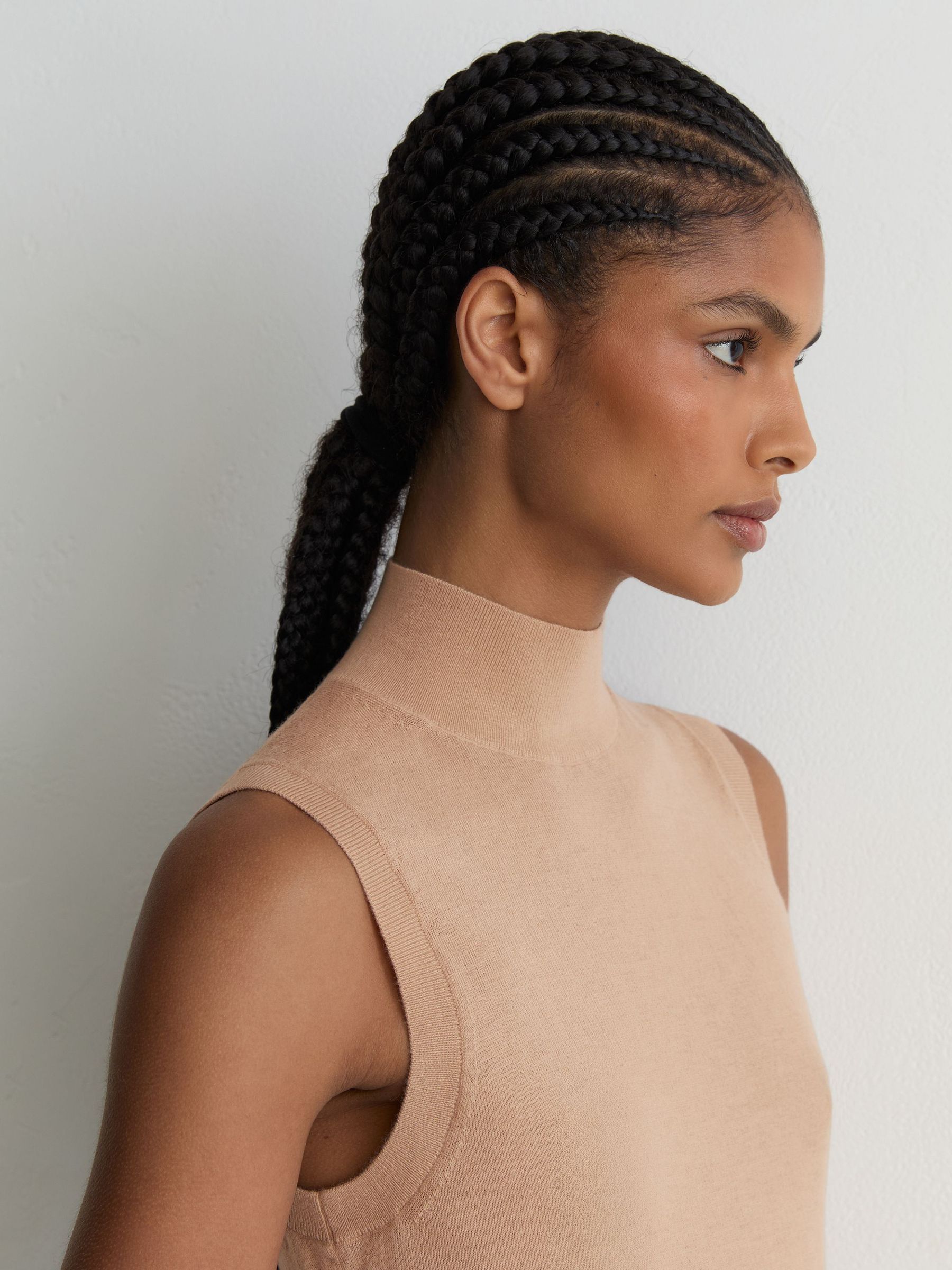 Merino Wool Funnel-Neck Sleeveless Top in Camel - Image 3 of 6