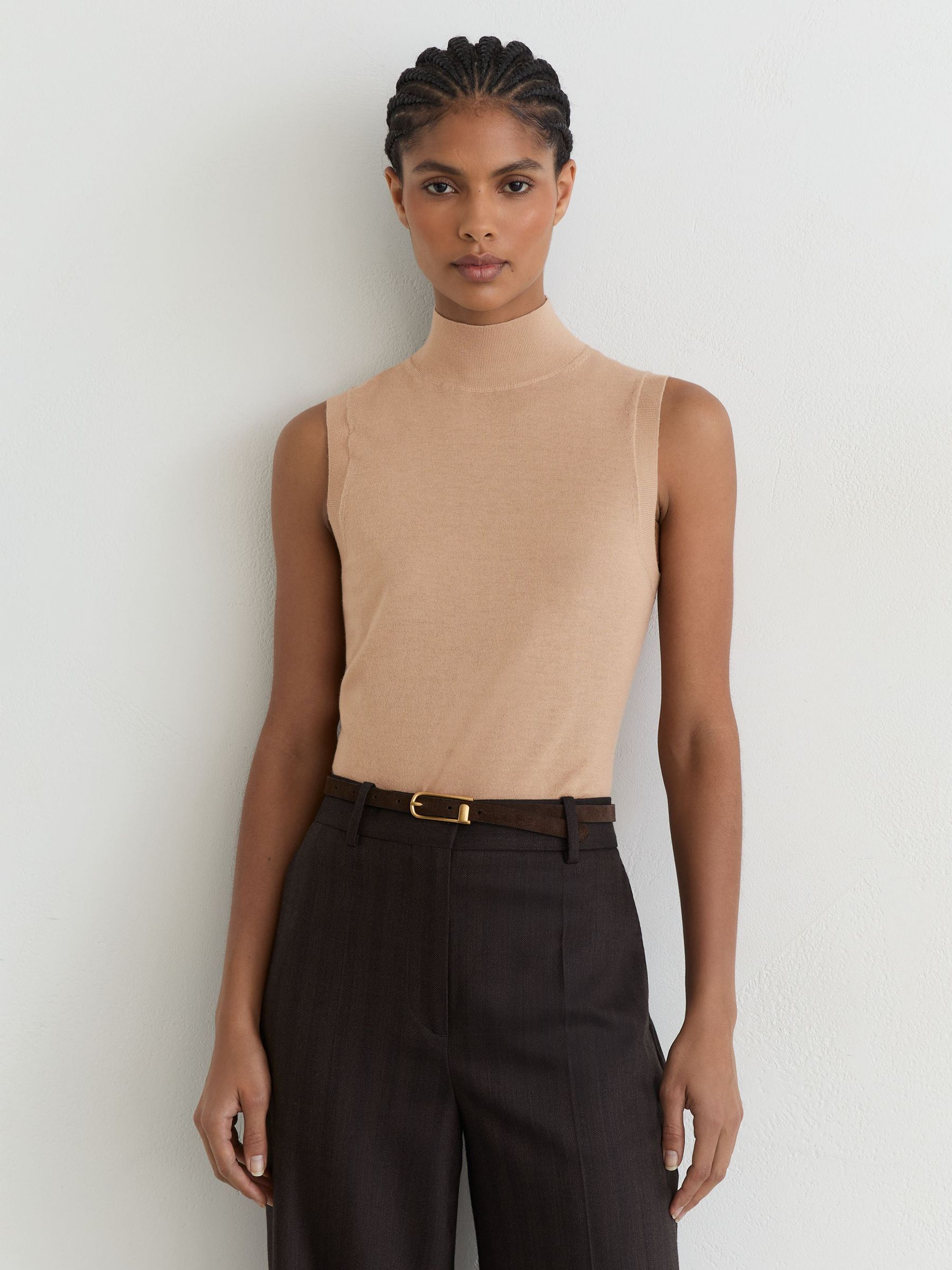 Merino Wool Funnel-Neck Sleeveless Top in Camel - Image 4 of 6