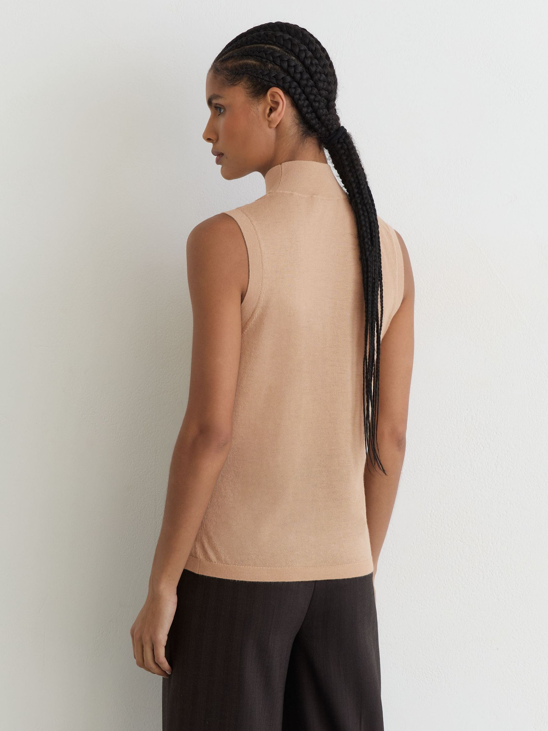Merino Wool Funnel-Neck Sleeveless Top in Camel - Image 5 of 6