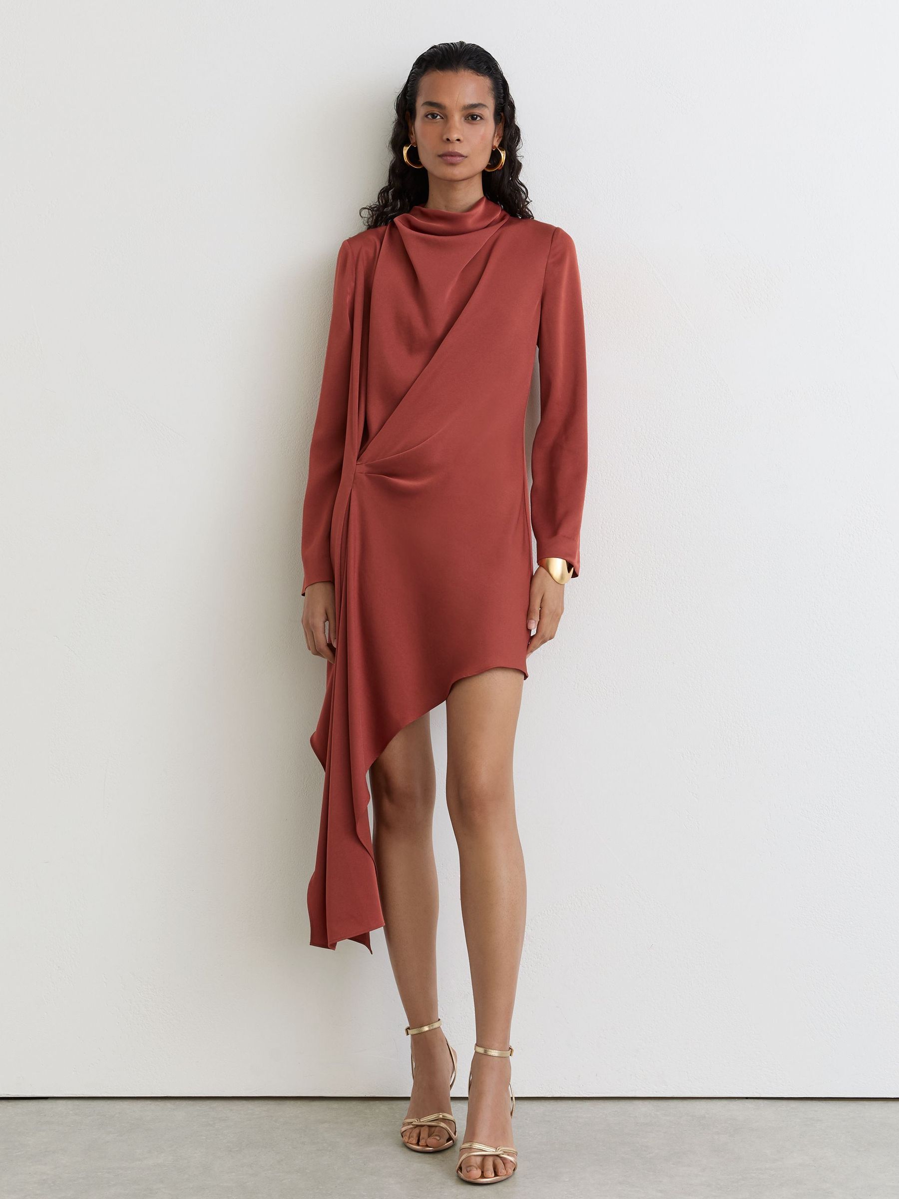 Draped Long-Sleeve Mini Dress in Rust Orange - Image 1 of 6