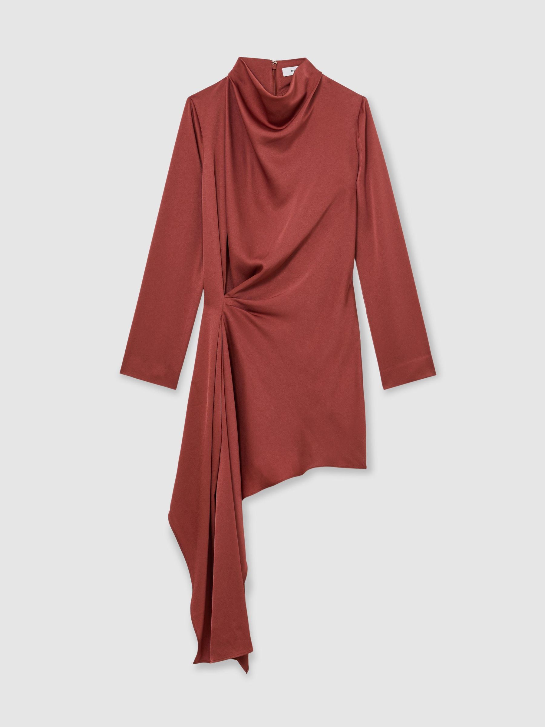 Draped Long-Sleeve Mini Dress in Rust Orange - Image 2 of 6