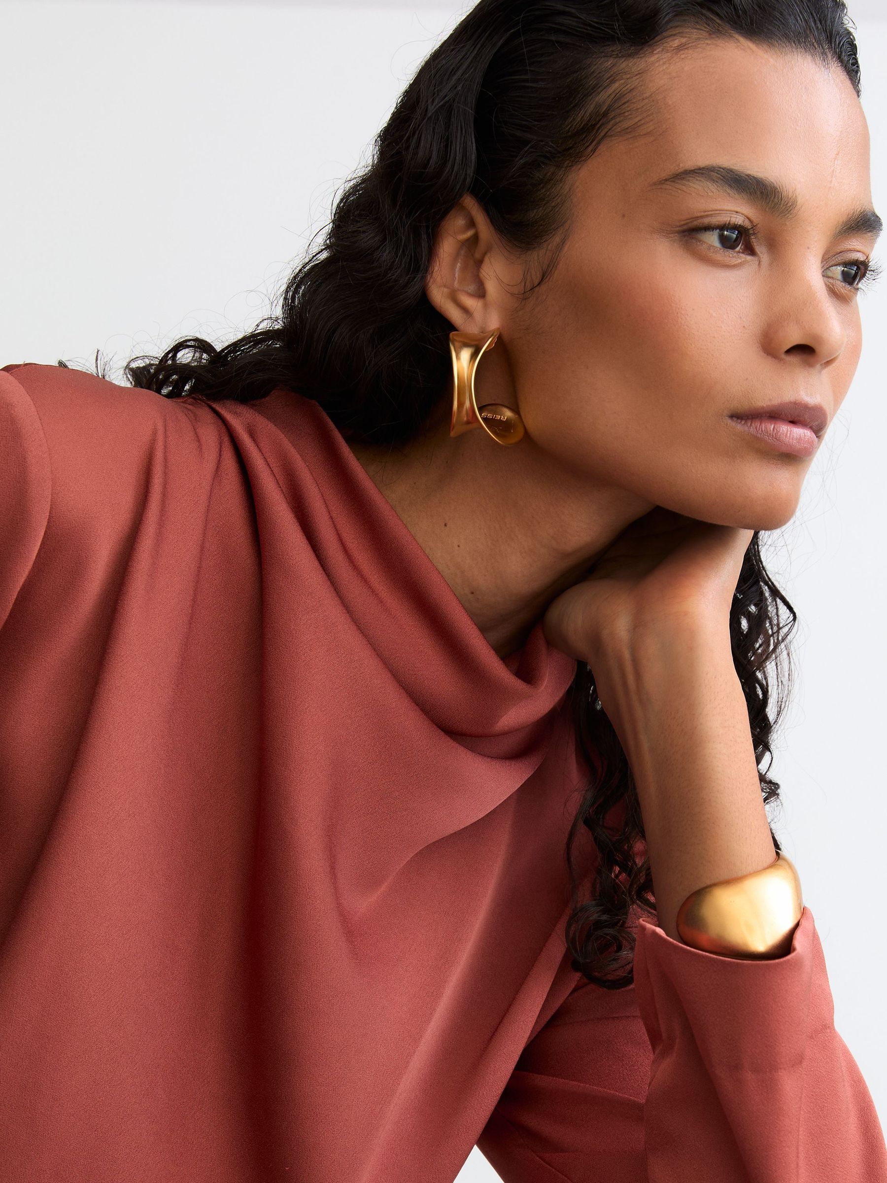 Draped Long-Sleeve Mini Dress in Rust Orange - Image 3 of 6