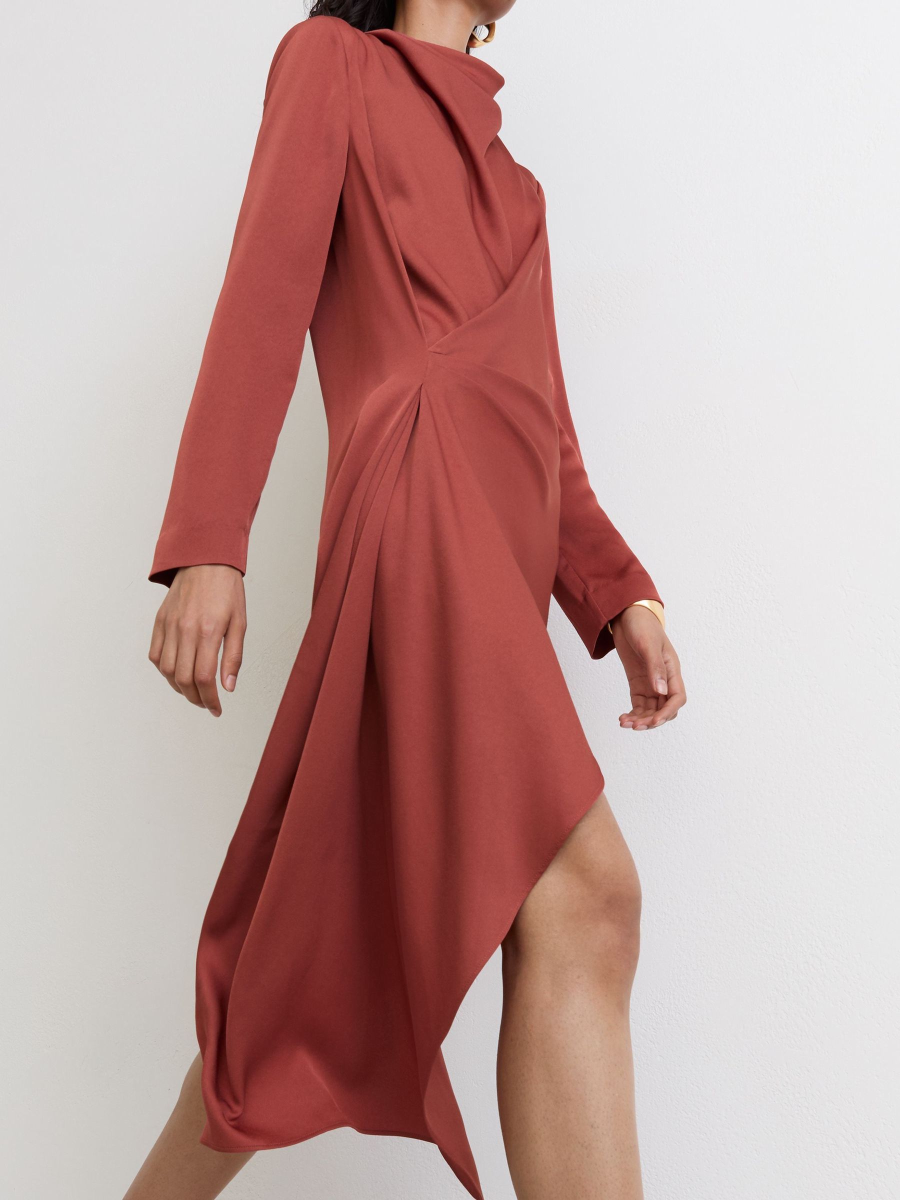 Draped Long-Sleeve Mini Dress in Rust Orange - Image 4 of 6