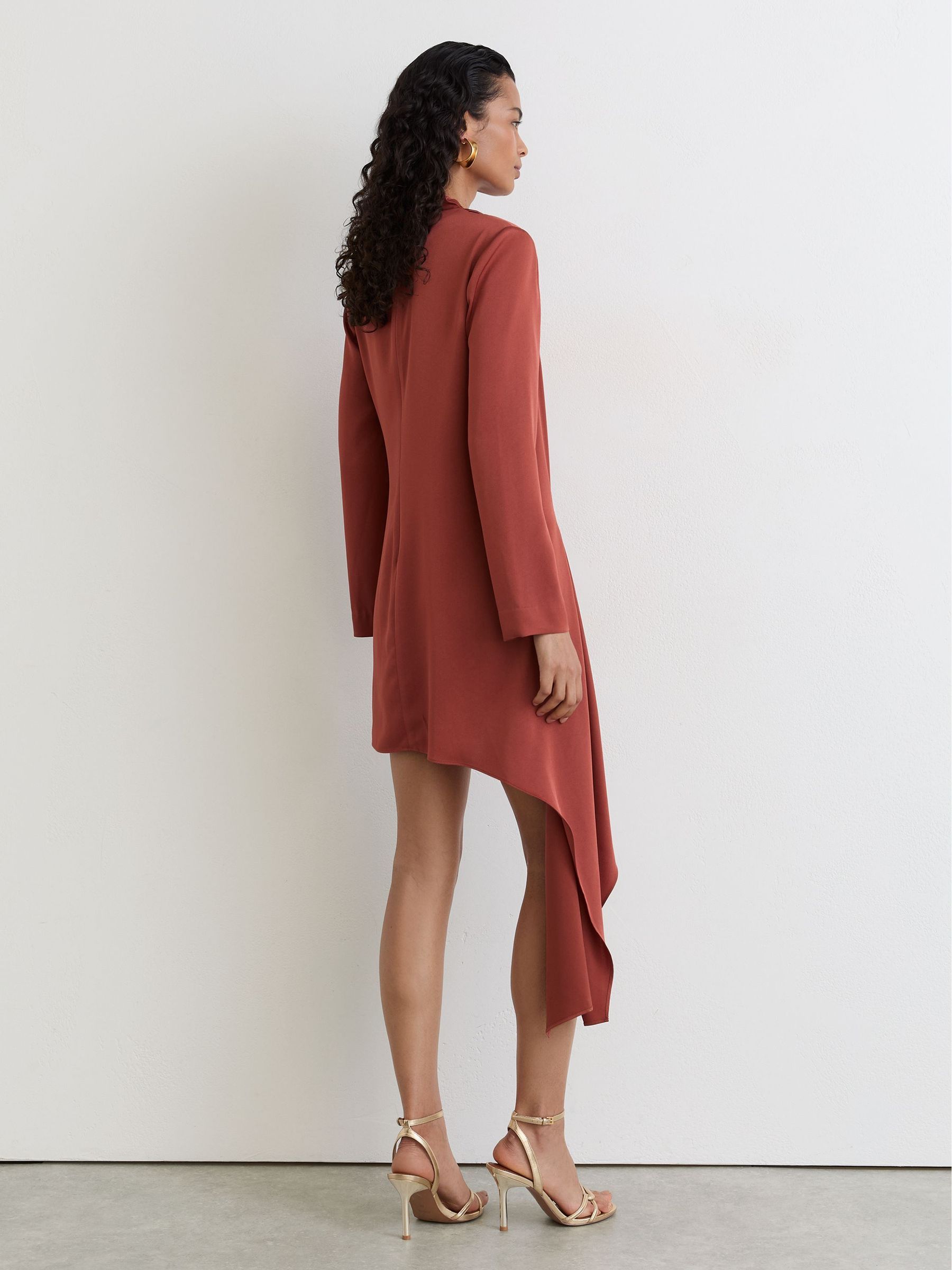 Draped Long-Sleeve Mini Dress in Rust Orange - Image 5 of 6