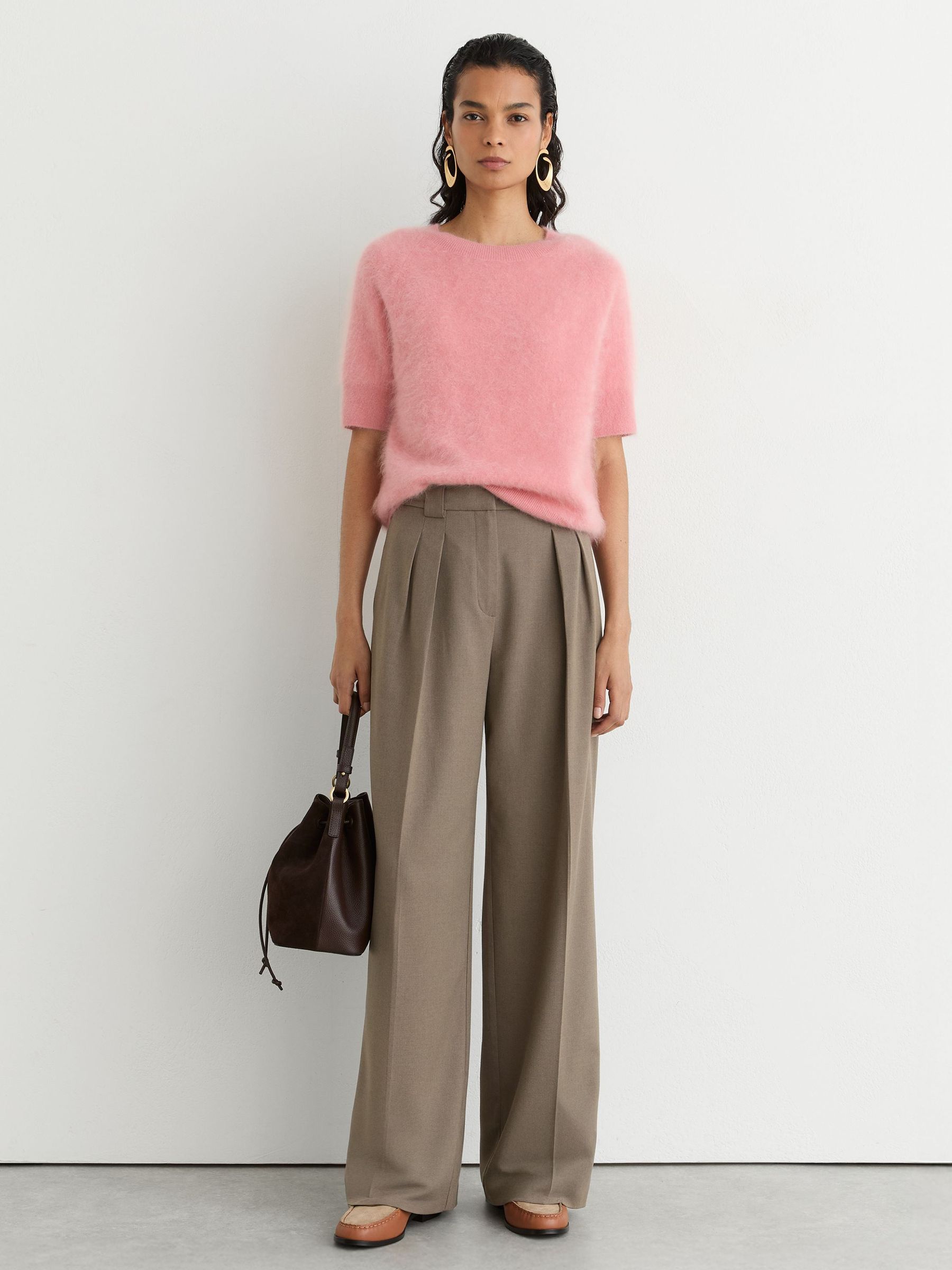 100% Brushed Cashmere Short-Sleeve Top in Pink - Image 3 of 7