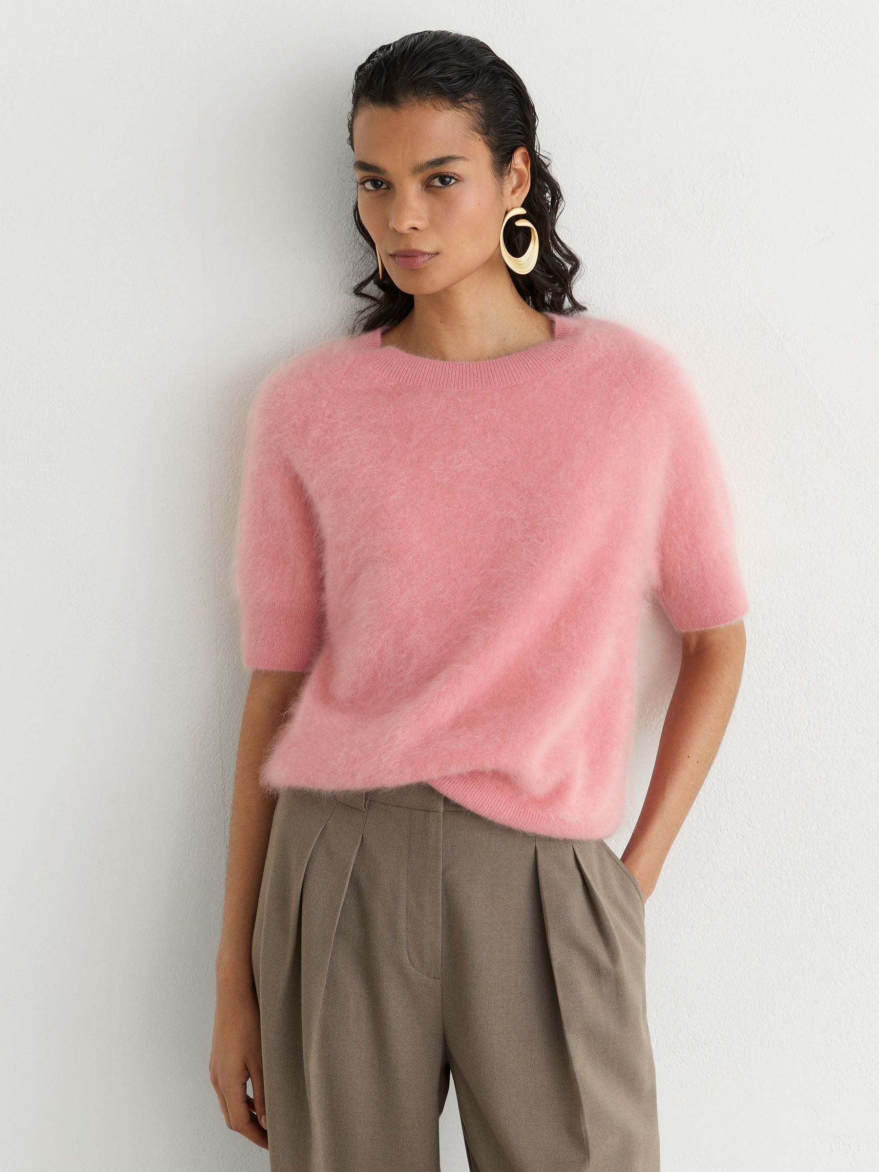 100% Brushed Cashmere Short-Sleeve Top in Pink - Image 5 of 7