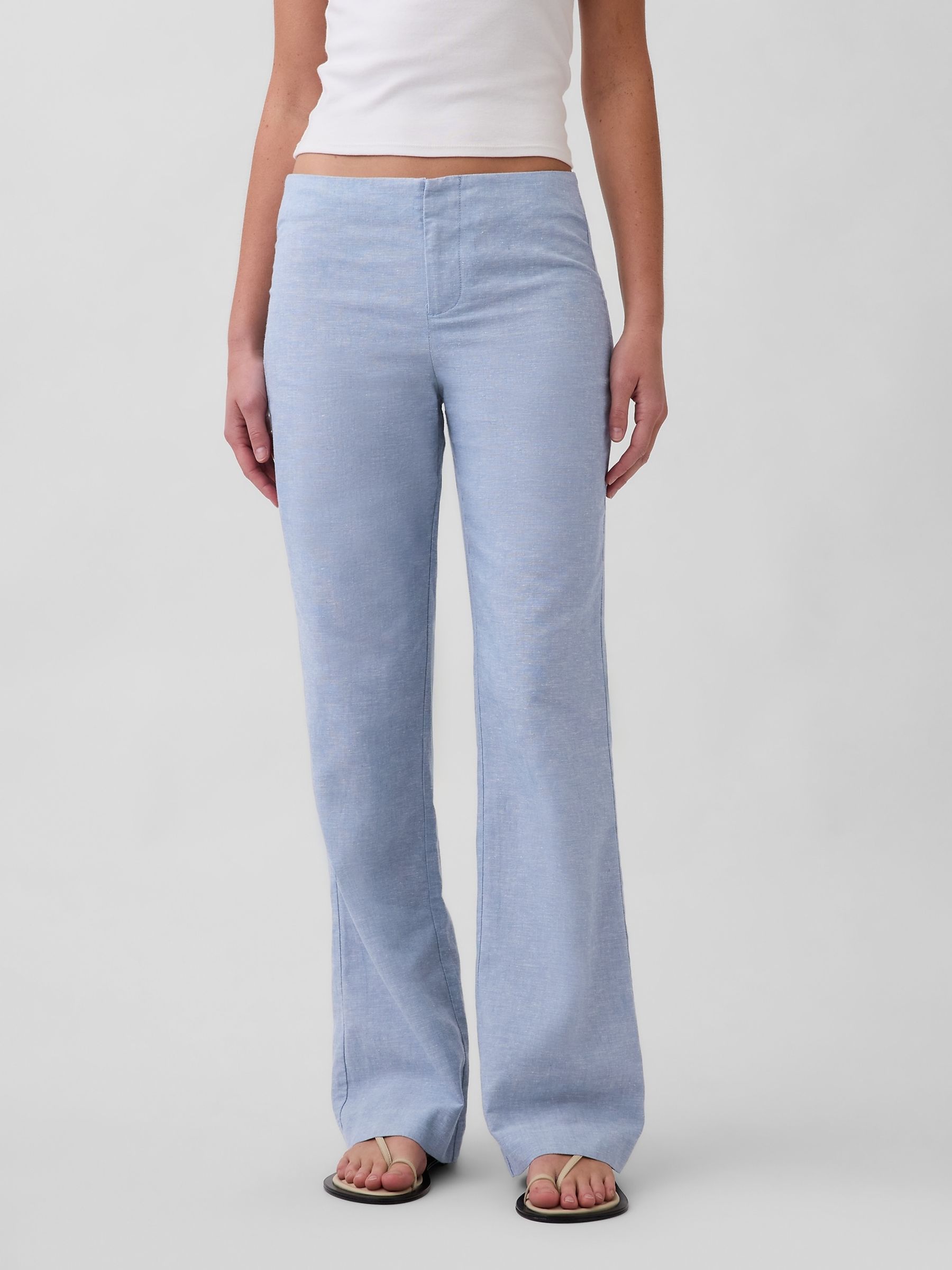Blue Low Rise Linen-Blend Flare Trousers - Image 1 of 4