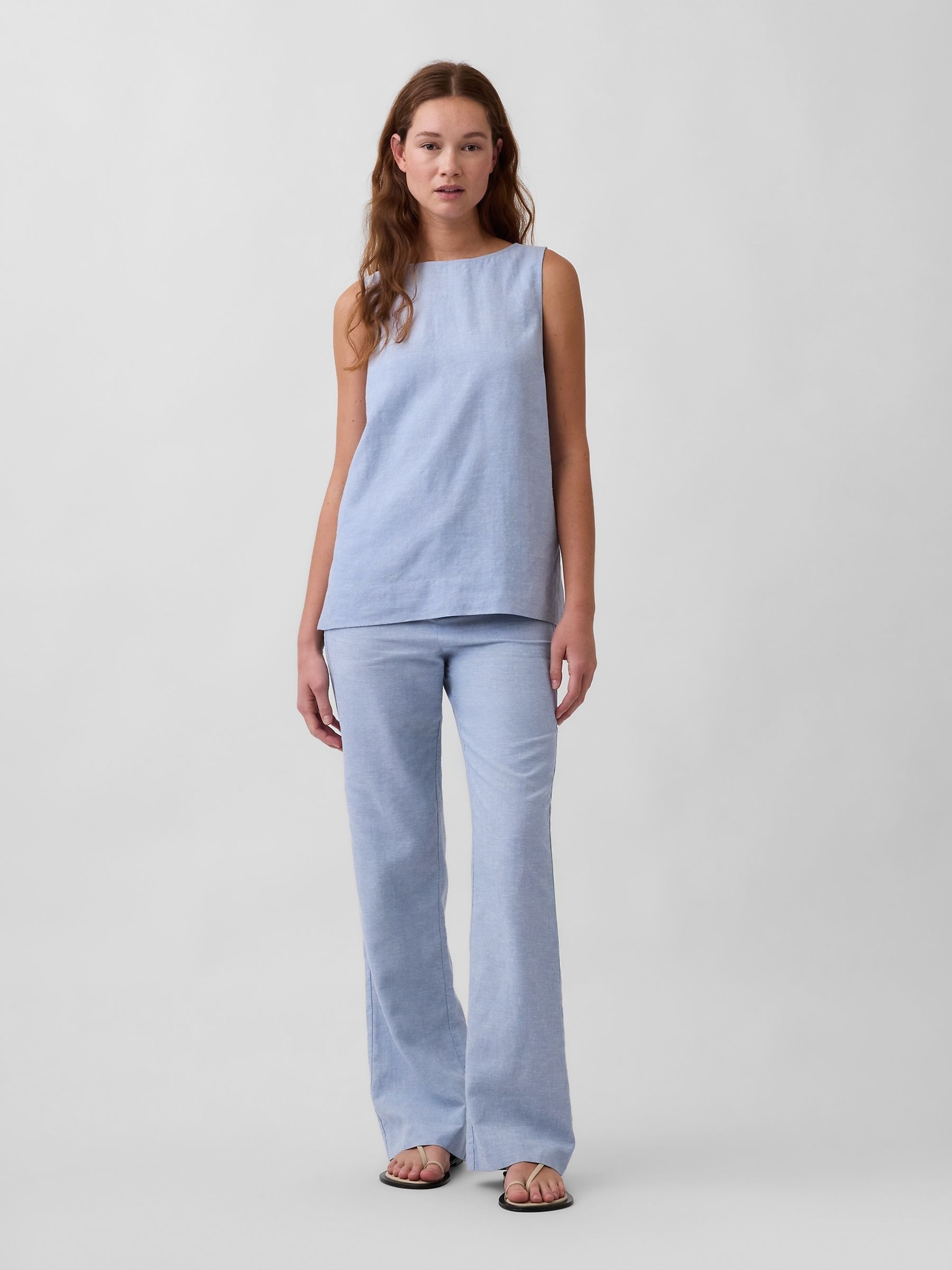Blue Low Rise Linen-Blend Flare Trousers - Image 3 of 4