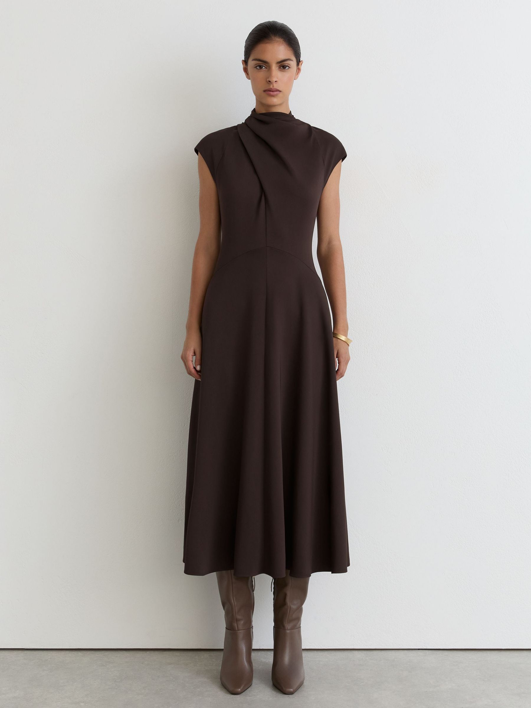 High-Neck Pleat-Detail Midi Dress in Grape Burgundy - Image 1 of 6