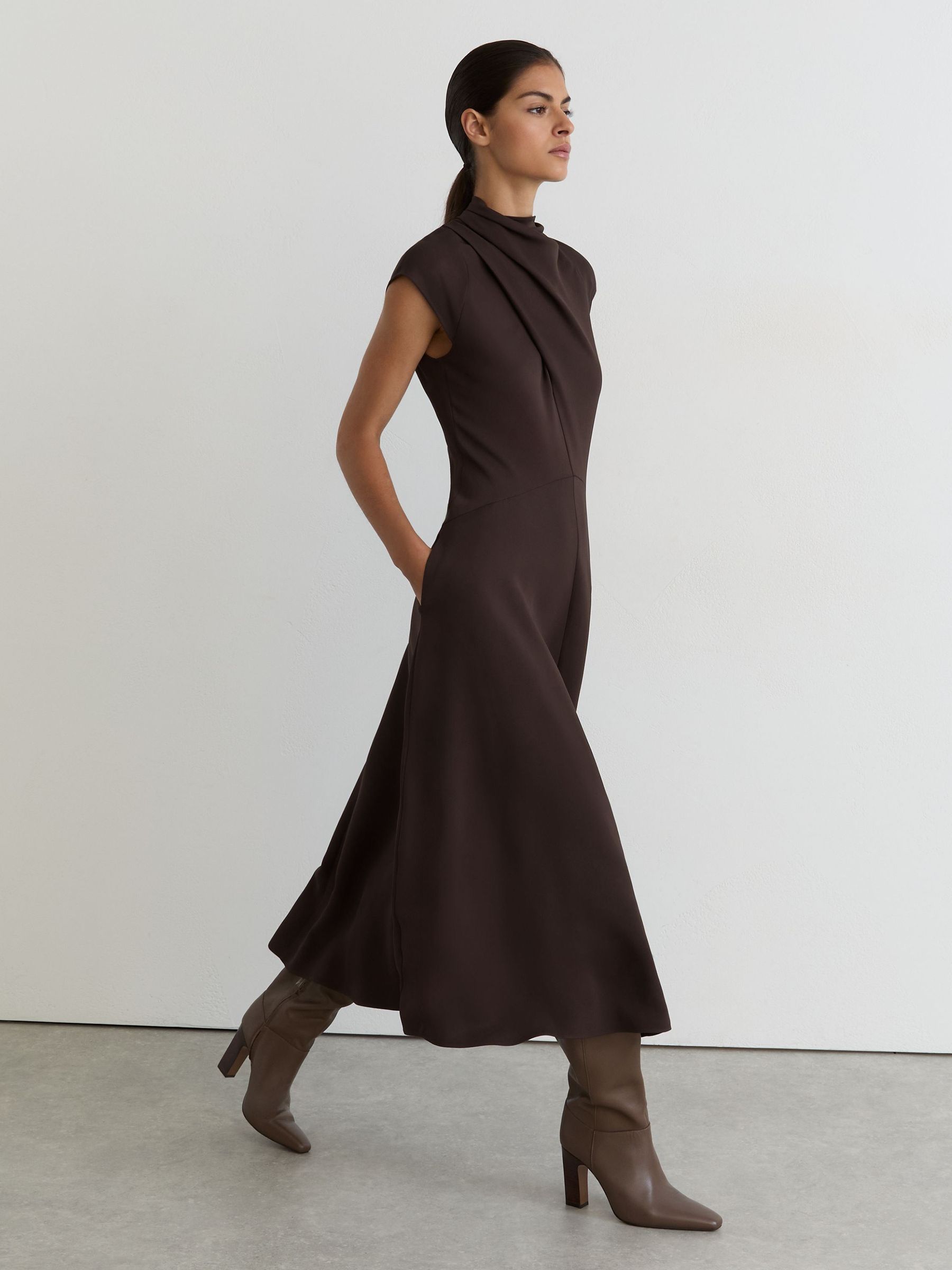 High-Neck Pleat-Detail Midi Dress in Grape Burgundy - Image 3 of 6