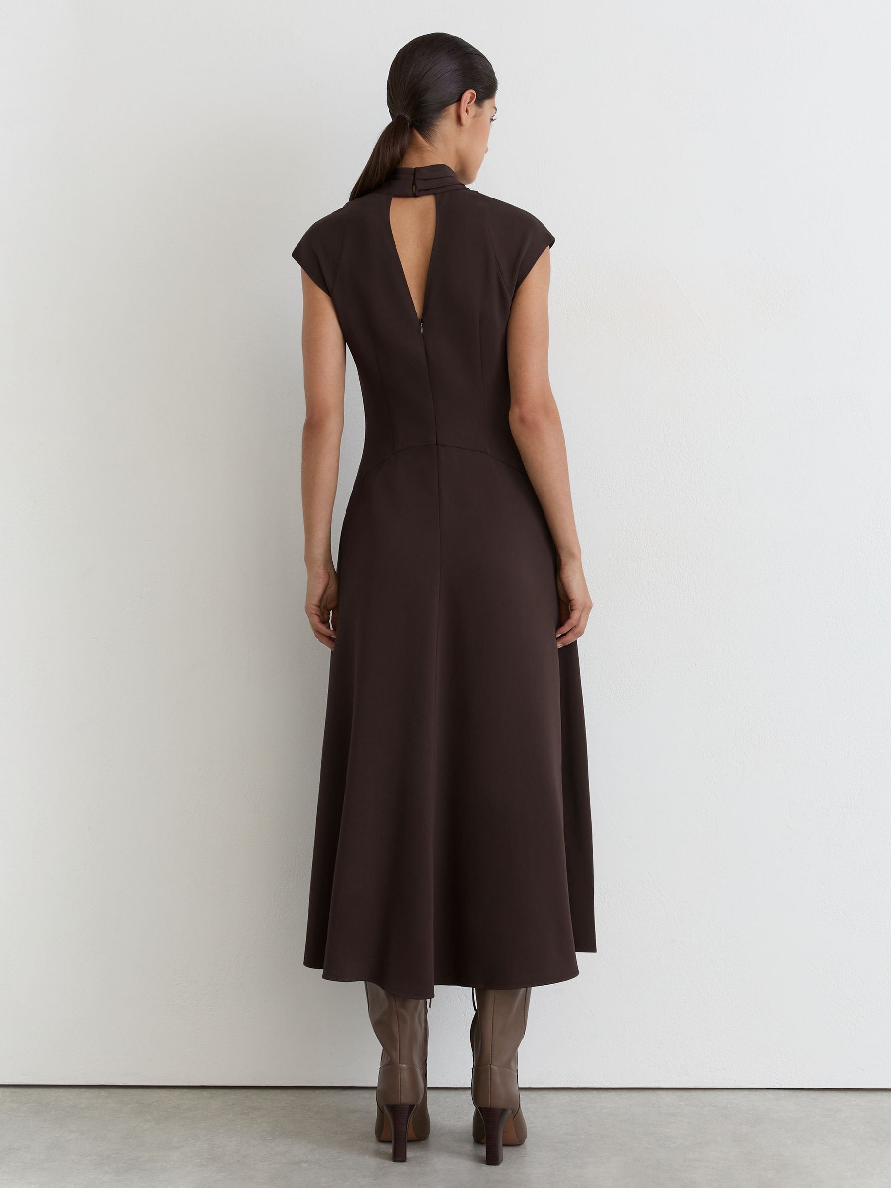 High-Neck Pleat-Detail Midi Dress in Grape Burgundy - Image 4 of 6