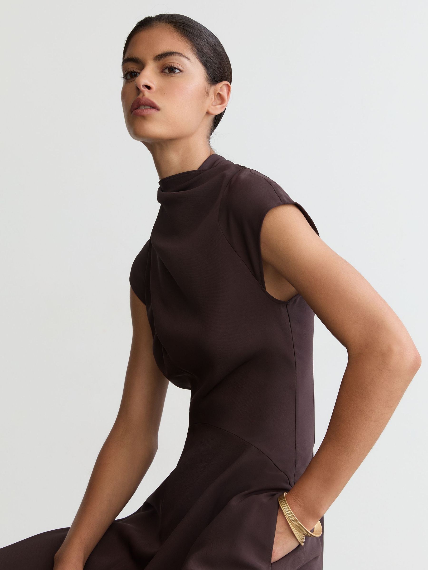 High-Neck Pleat-Detail Midi Dress in Grape Burgundy - Image 5 of 6