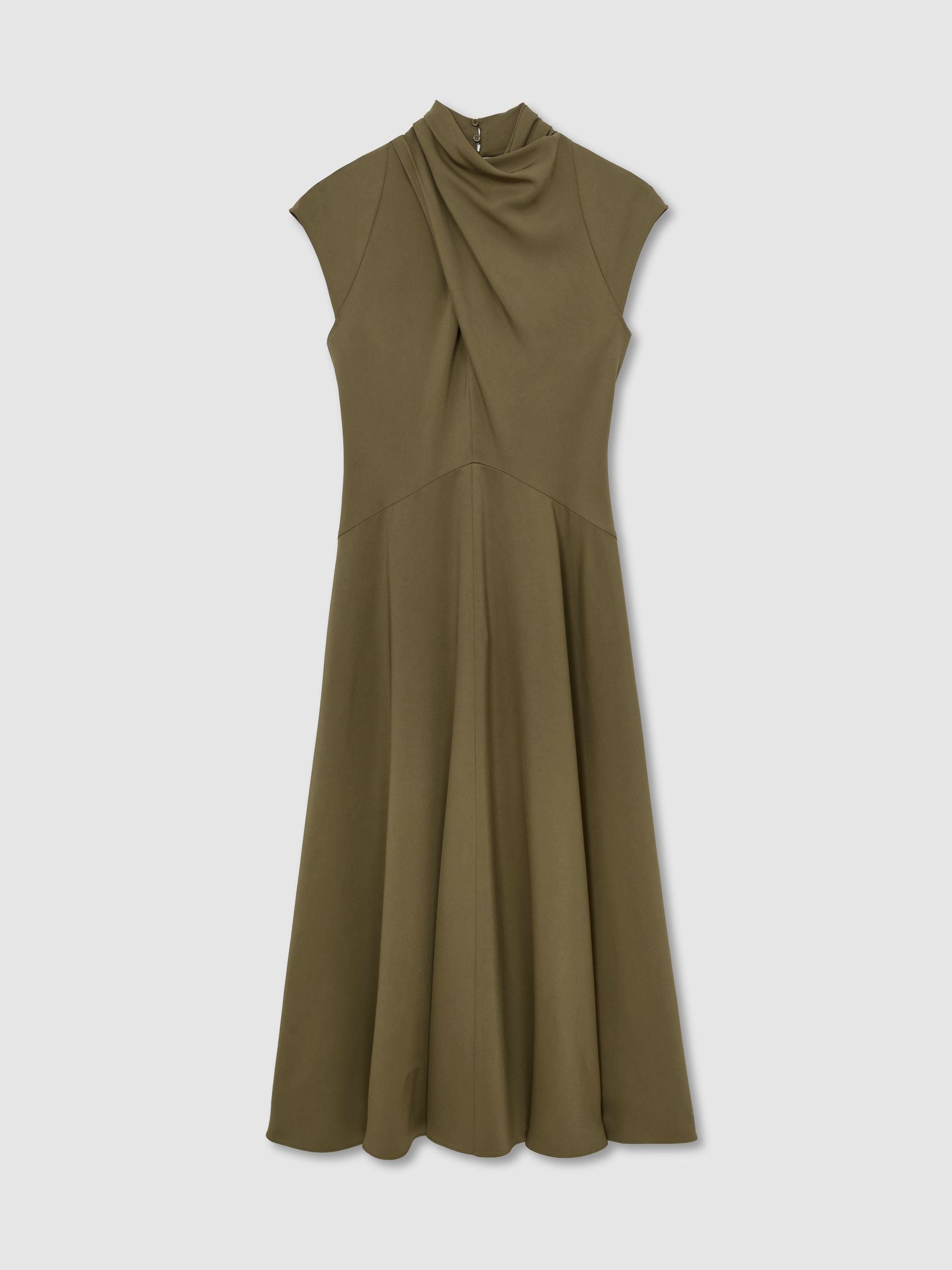 High-Neck Pleat-Detail Midi Dress in Khaki Green - Image 2 of 7