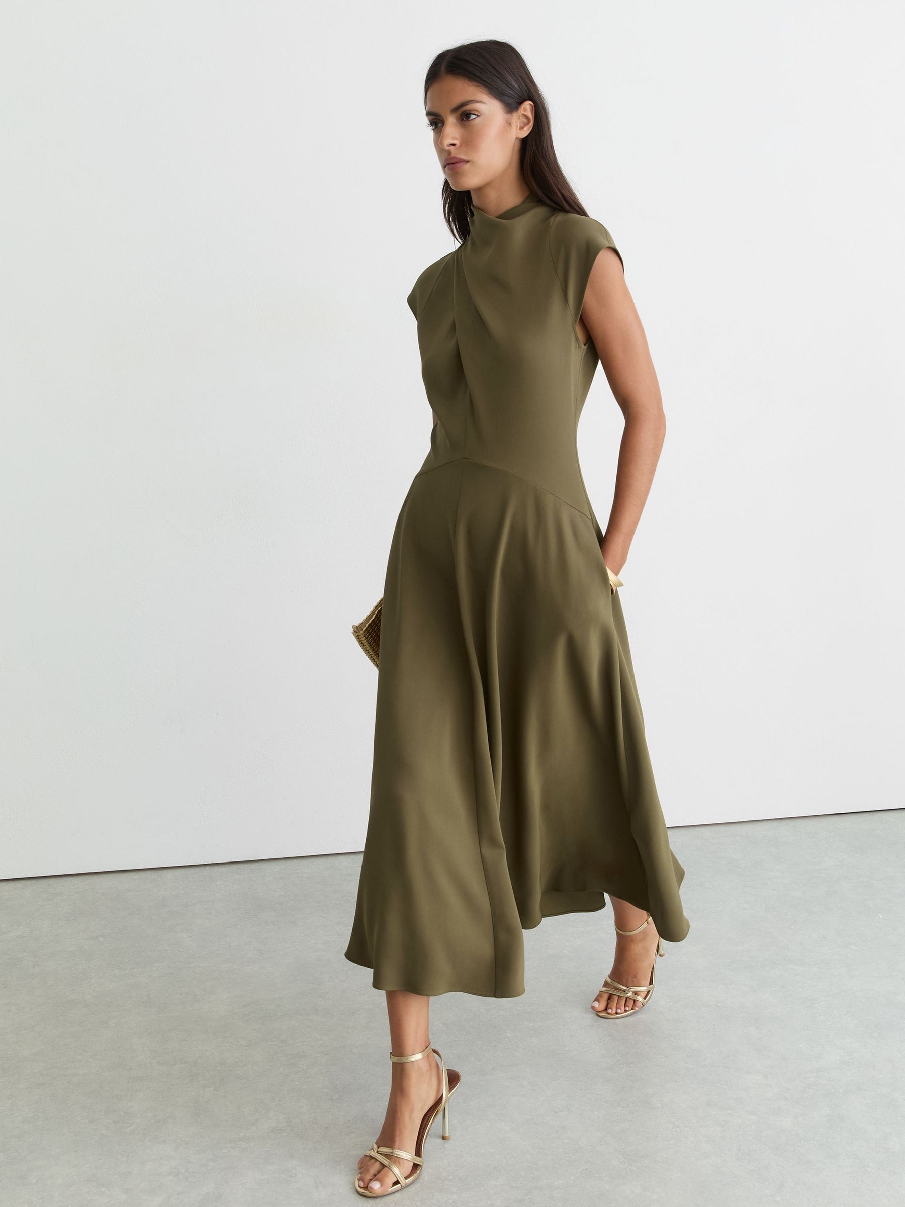 High-Neck Pleat-Detail Midi Dress in Khaki Green - Image 3 of 7