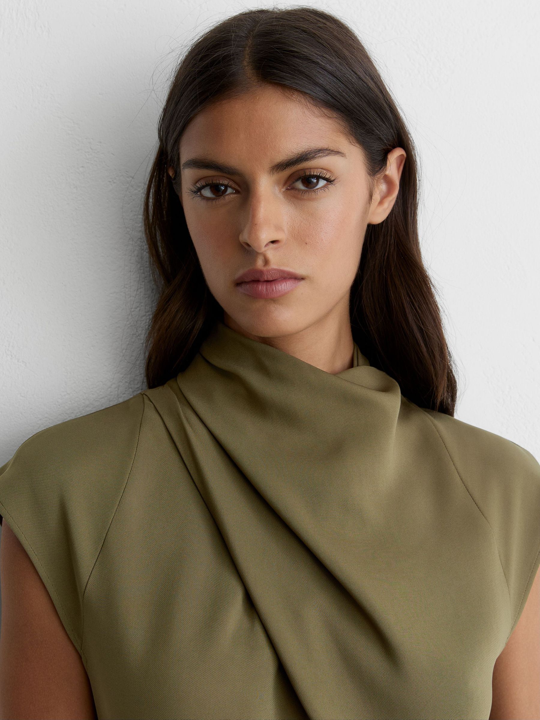 High-Neck Pleat-Detail Midi Dress in Khaki Green - Image 4 of 7
