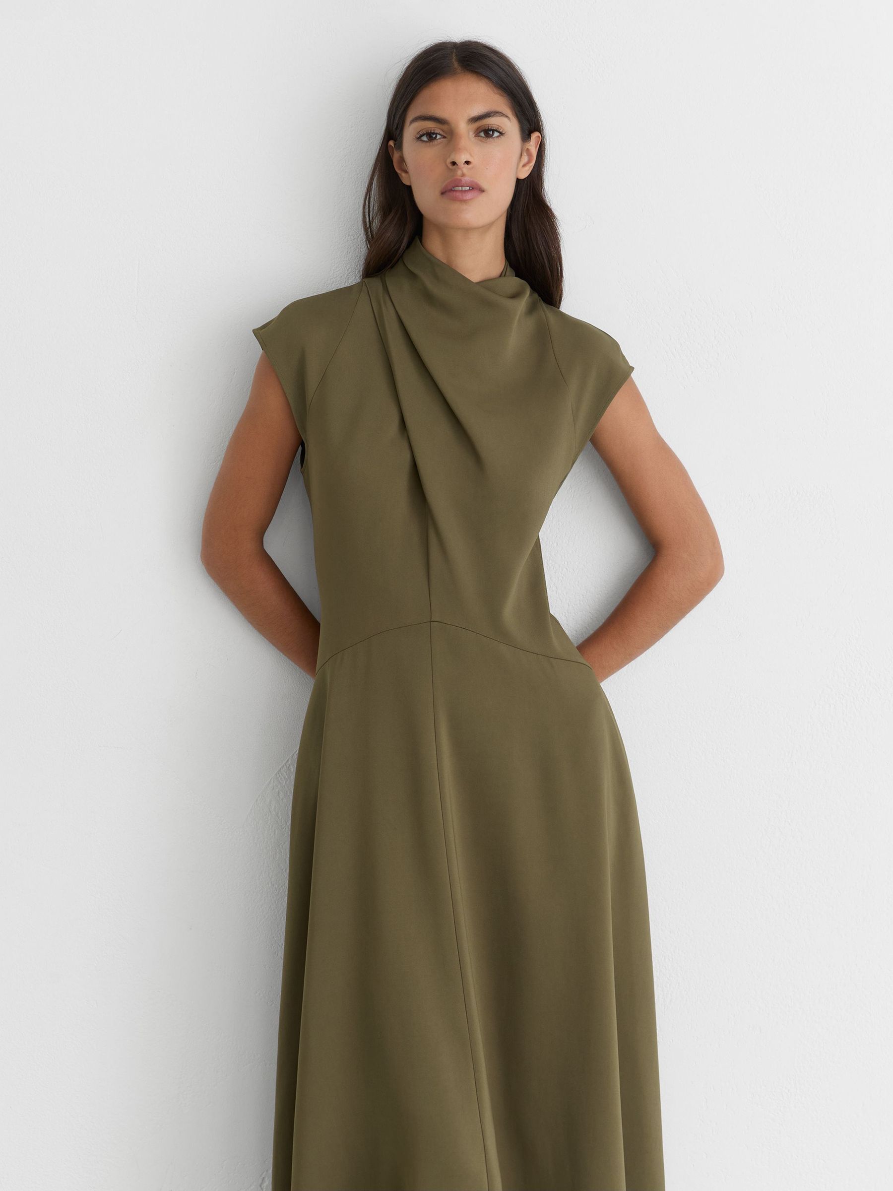 High-Neck Pleat-Detail Midi Dress in Khaki Green - Image 5 of 7