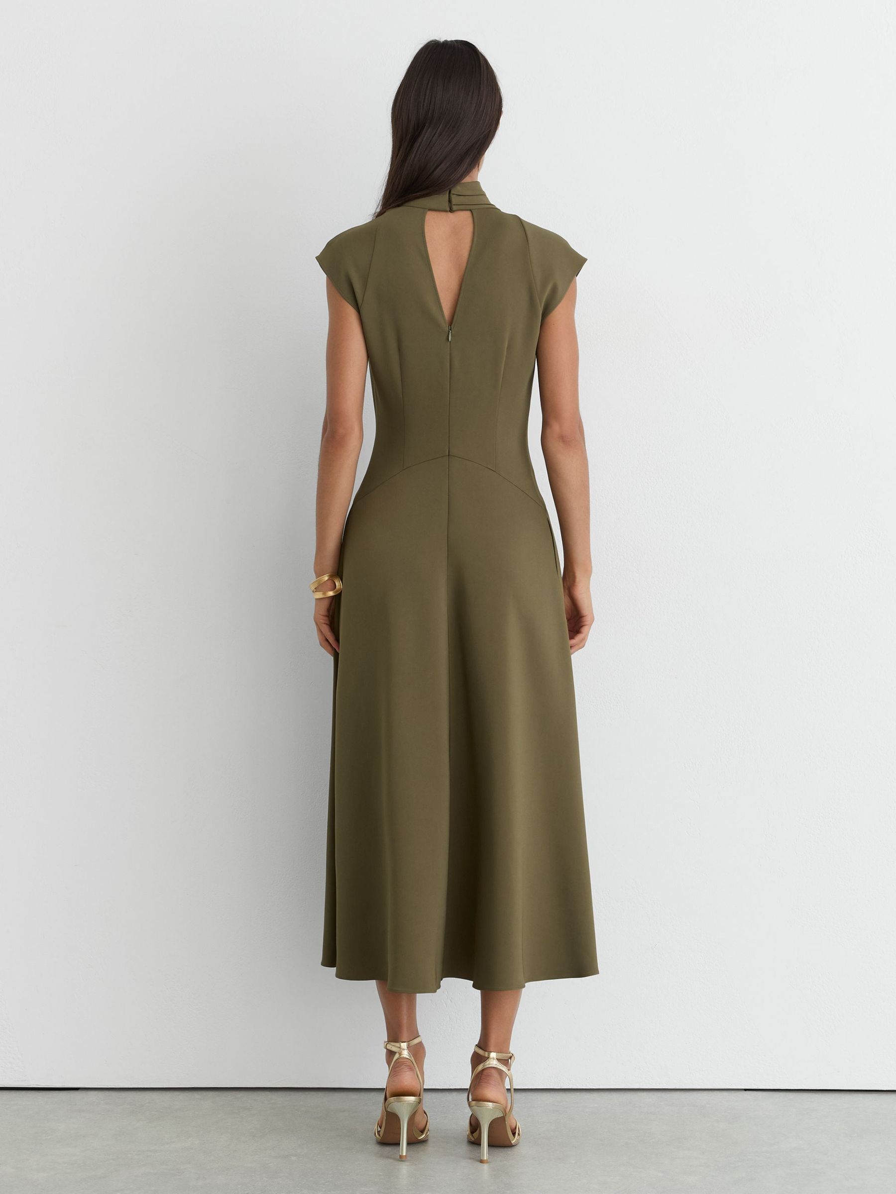 High-Neck Pleat-Detail Midi Dress in Khaki Green - Image 6 of 7