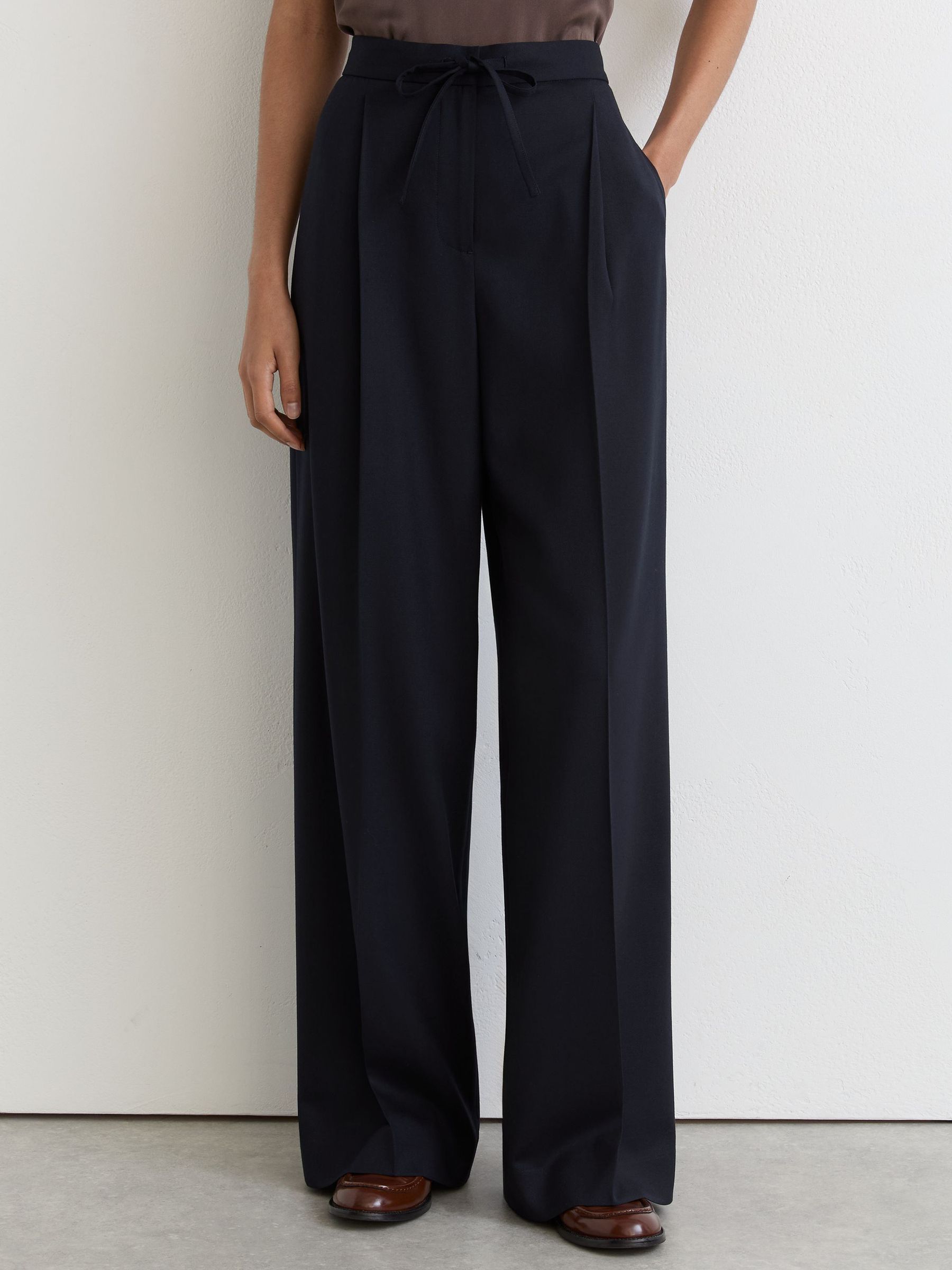 Petite Wool-Blend Drawstring Wide-Leg Suit Trousers in Navy - Image 4 of 8