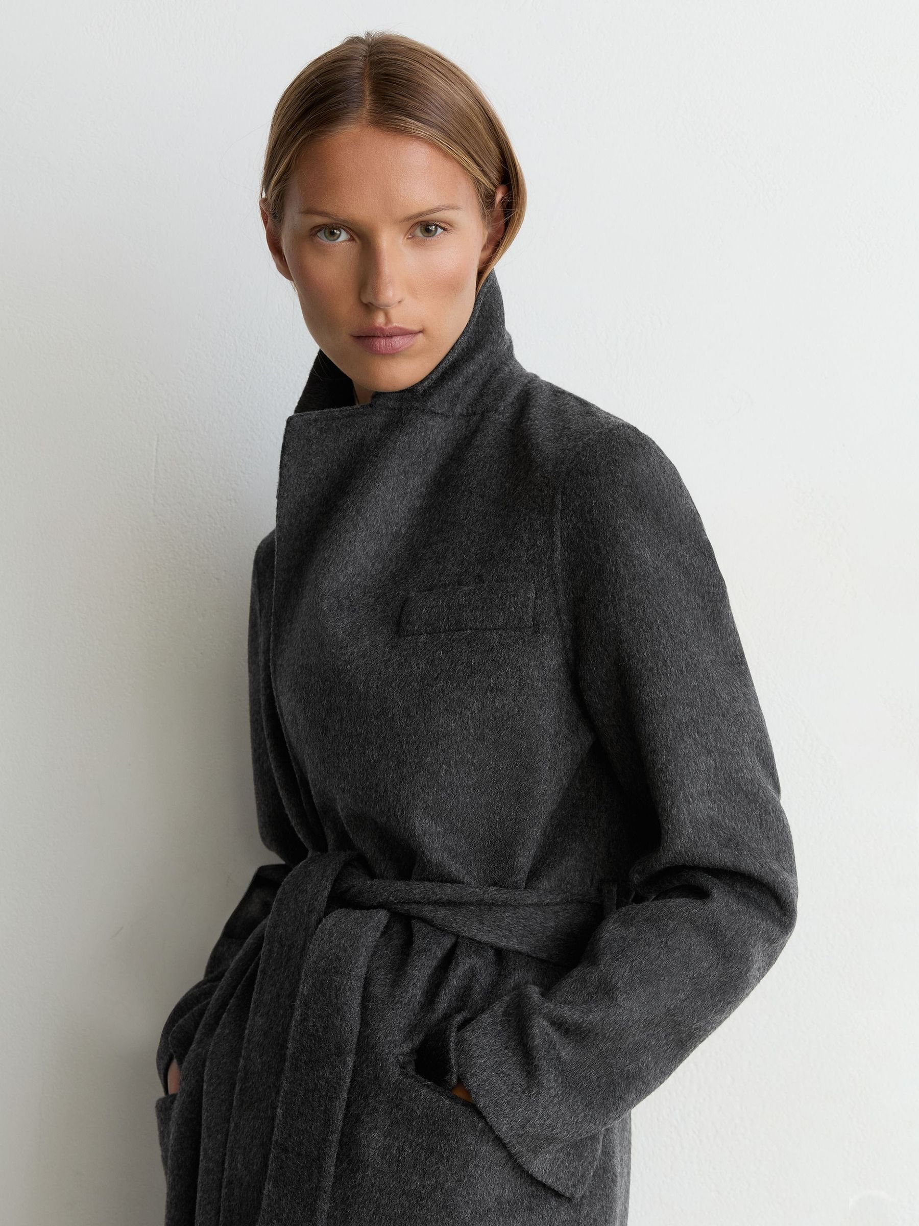 Petite Wool-Blend Double-Breasted Blind-Seam Coat in Charcoal Grey - Image 4 of 12
