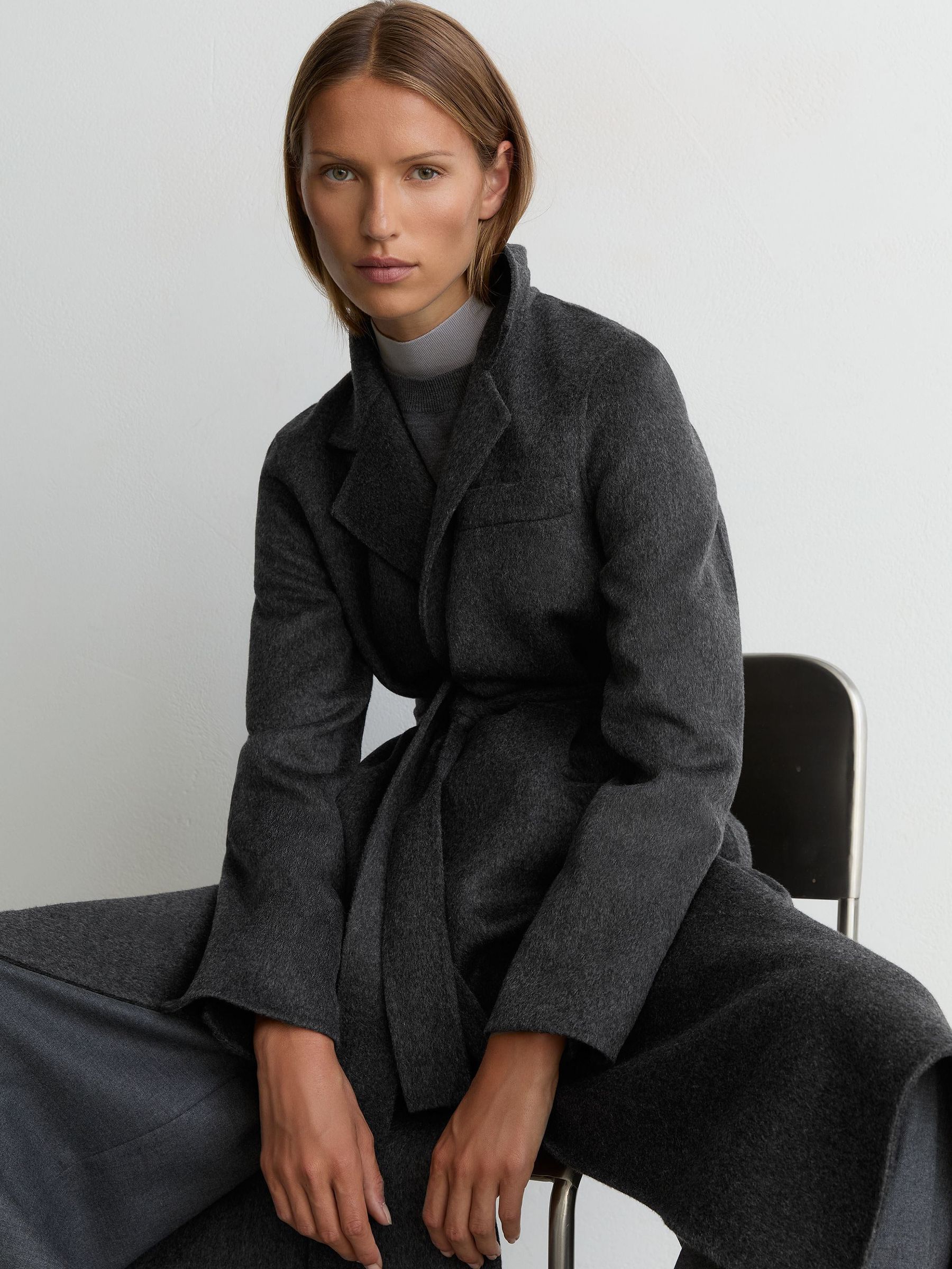 Petite Wool-Blend Double-Breasted Blind-Seam Coat in Charcoal Grey - Image 5 of 12
