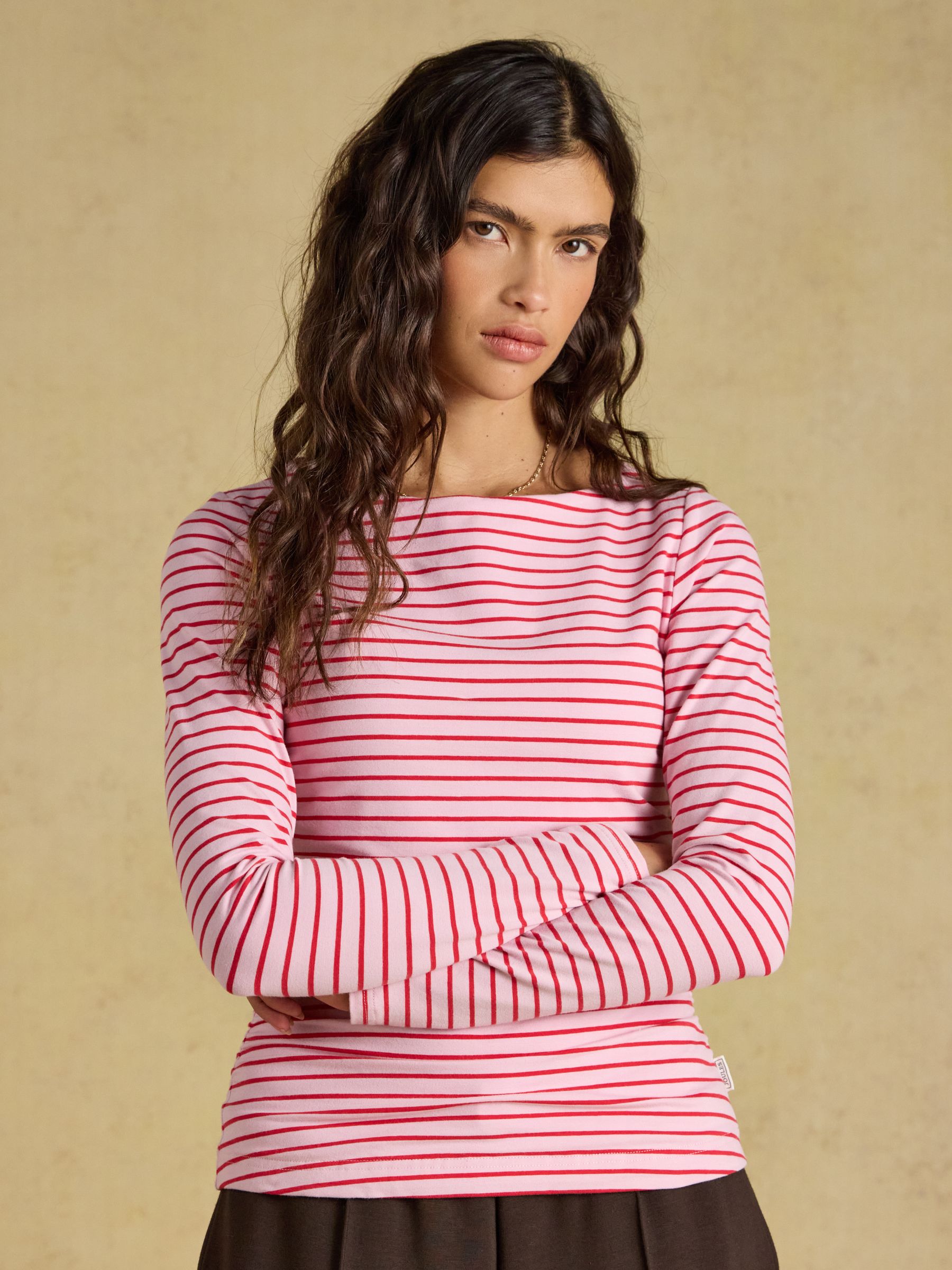 Pink/Red Double Layer Front Long Sleeve Boat Neck Jersey Top - Image 1 of 8 Pink/Red Double Layer Front Long Sleeve Boat Neck Jersey Top - Image 1 of 8