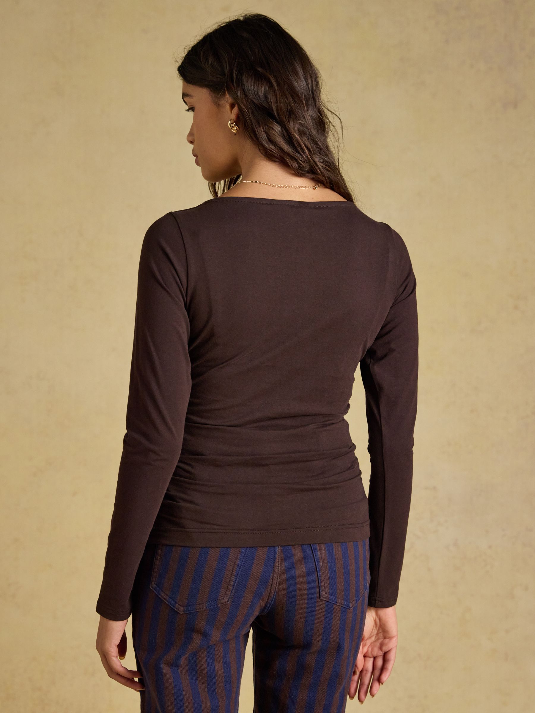 Chocolate Brown Double Layer Front Long Sleeve Boat Neck Jersey Top - Image 2 of 7
