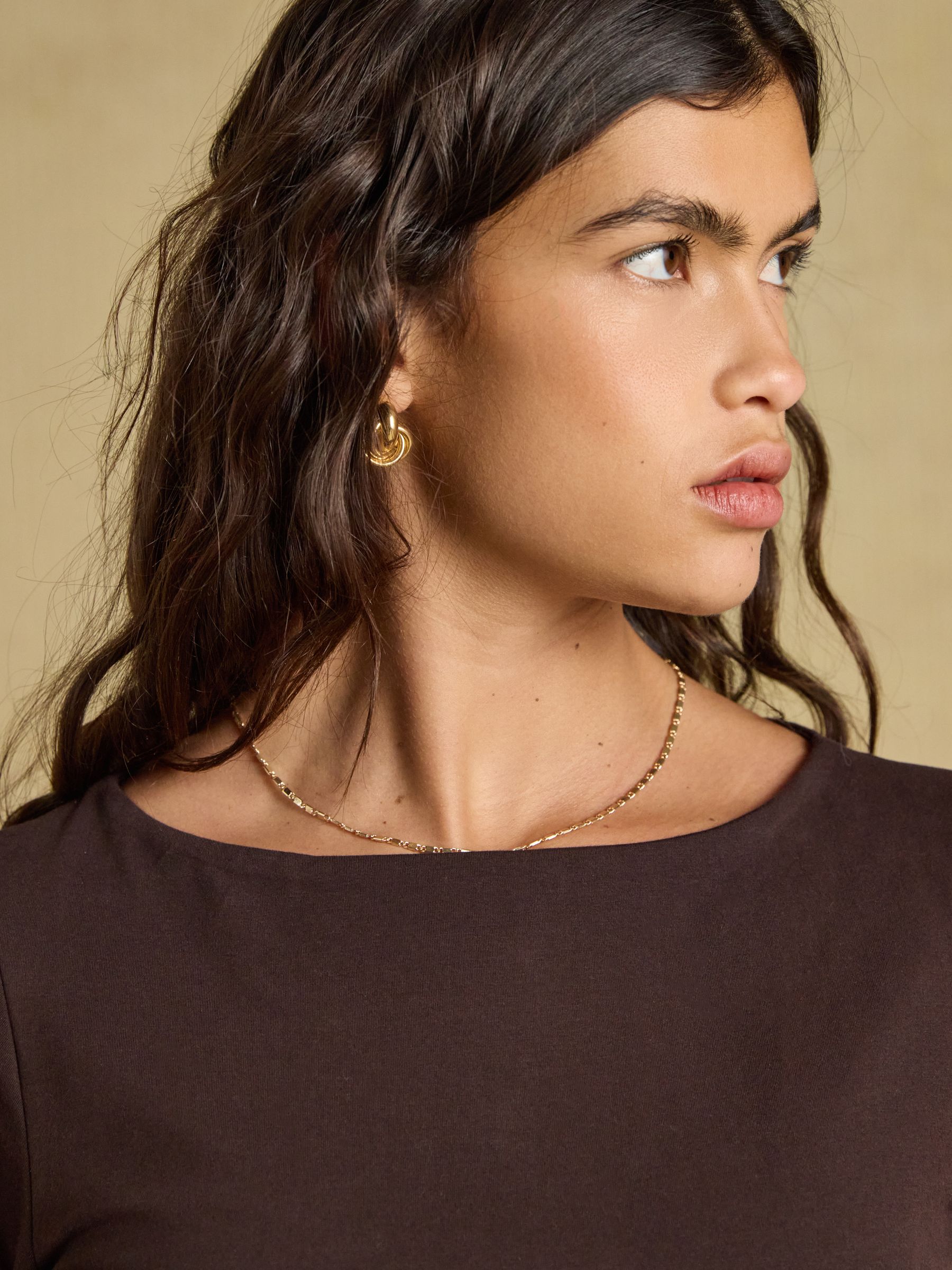 Chocolate Brown Double Layer Front Long Sleeve Boat Neck Jersey Top - Image 3 of 7