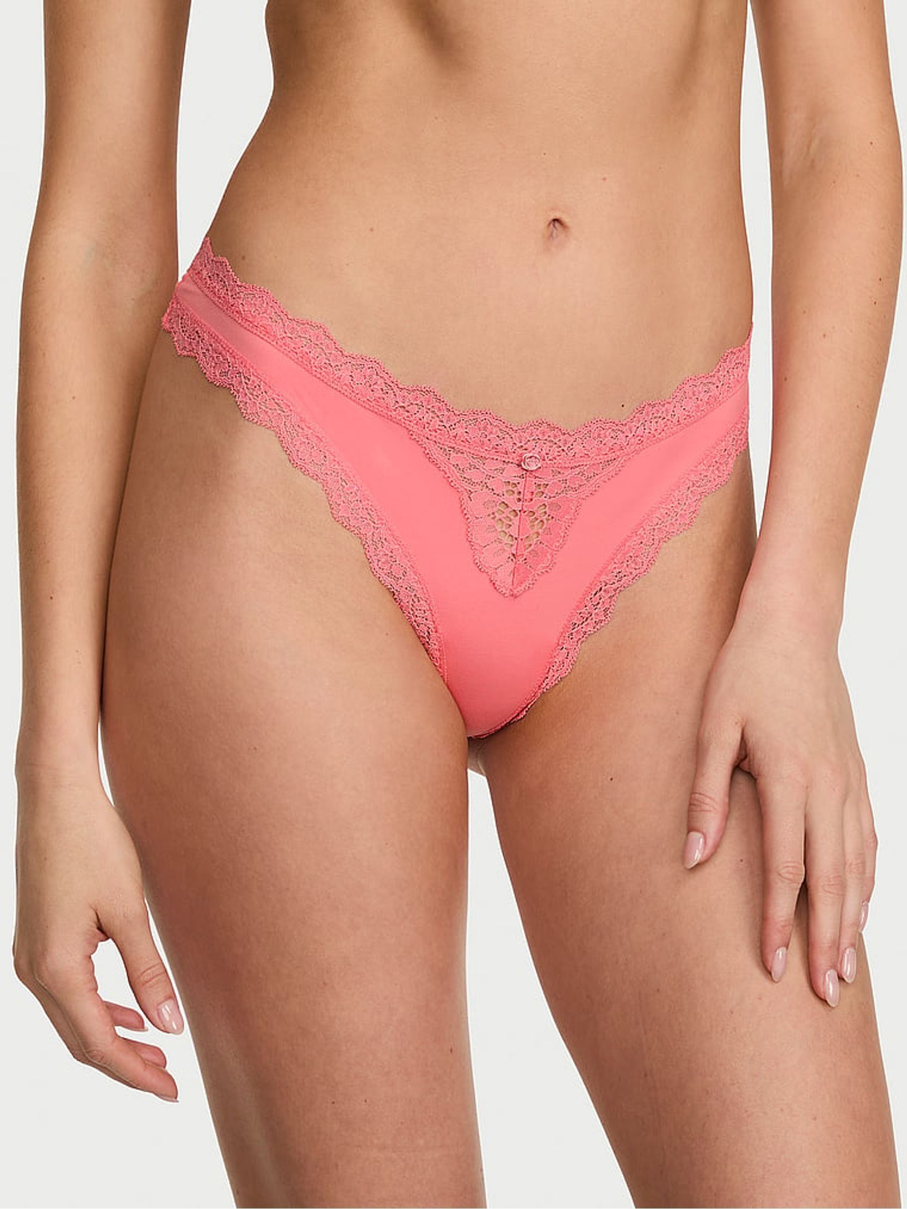 Wild Salmon Pink Lace Trim Thong Knickers - Image 1 of 2