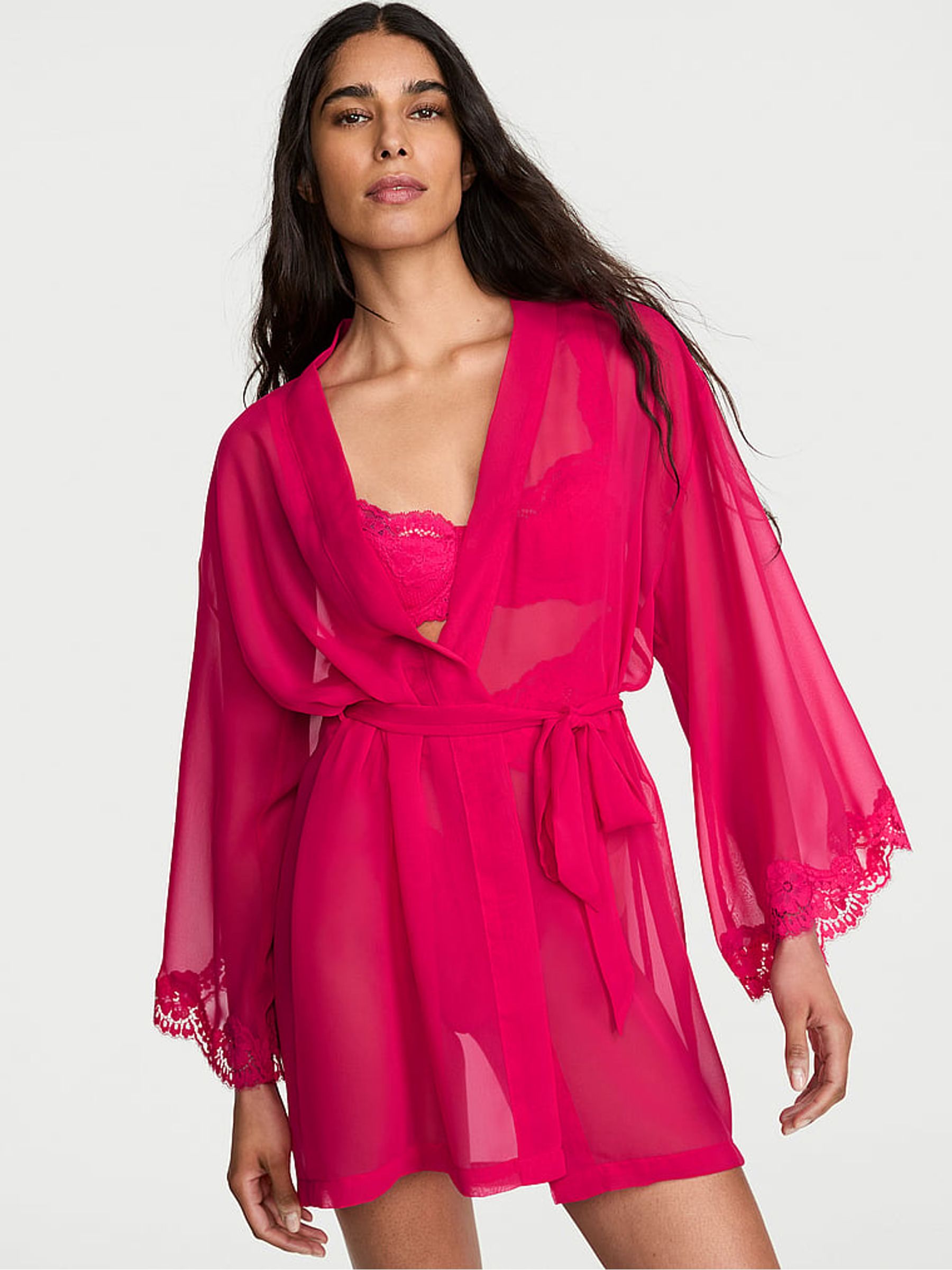 Vibrant Fuschia Pink Chiffon & Lace Short Robe - Image 1 of 2 Vibrant Fuschia Pink Chiffon & Lace Short Robe - Image 1 of 2