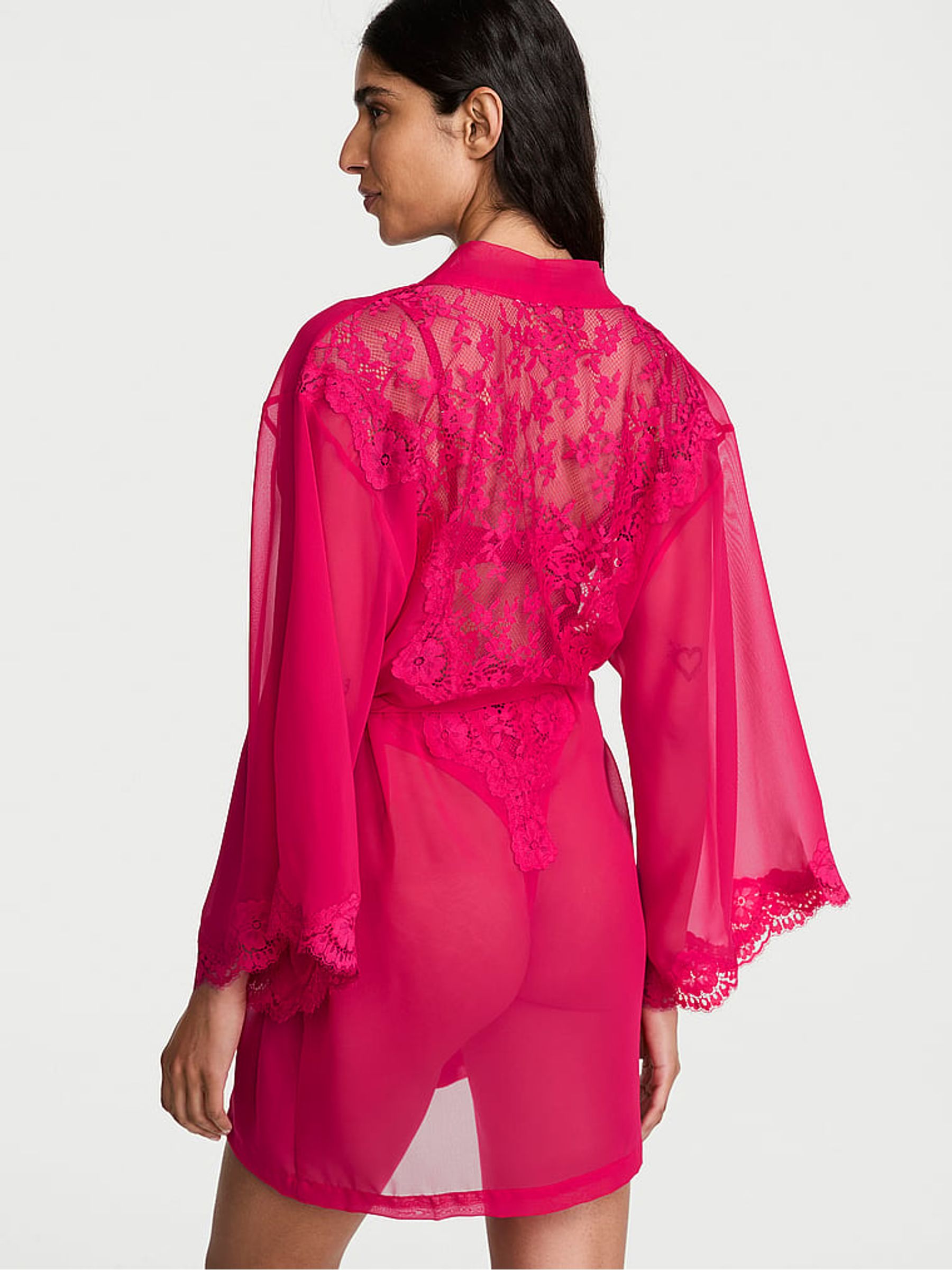 Vibrant Fuschia Pink Chiffon & Lace Short Robe - Image 2 of 2 Vibrant Fuschia Pink Chiffon & Lace Short Robe - Image 2 of 2