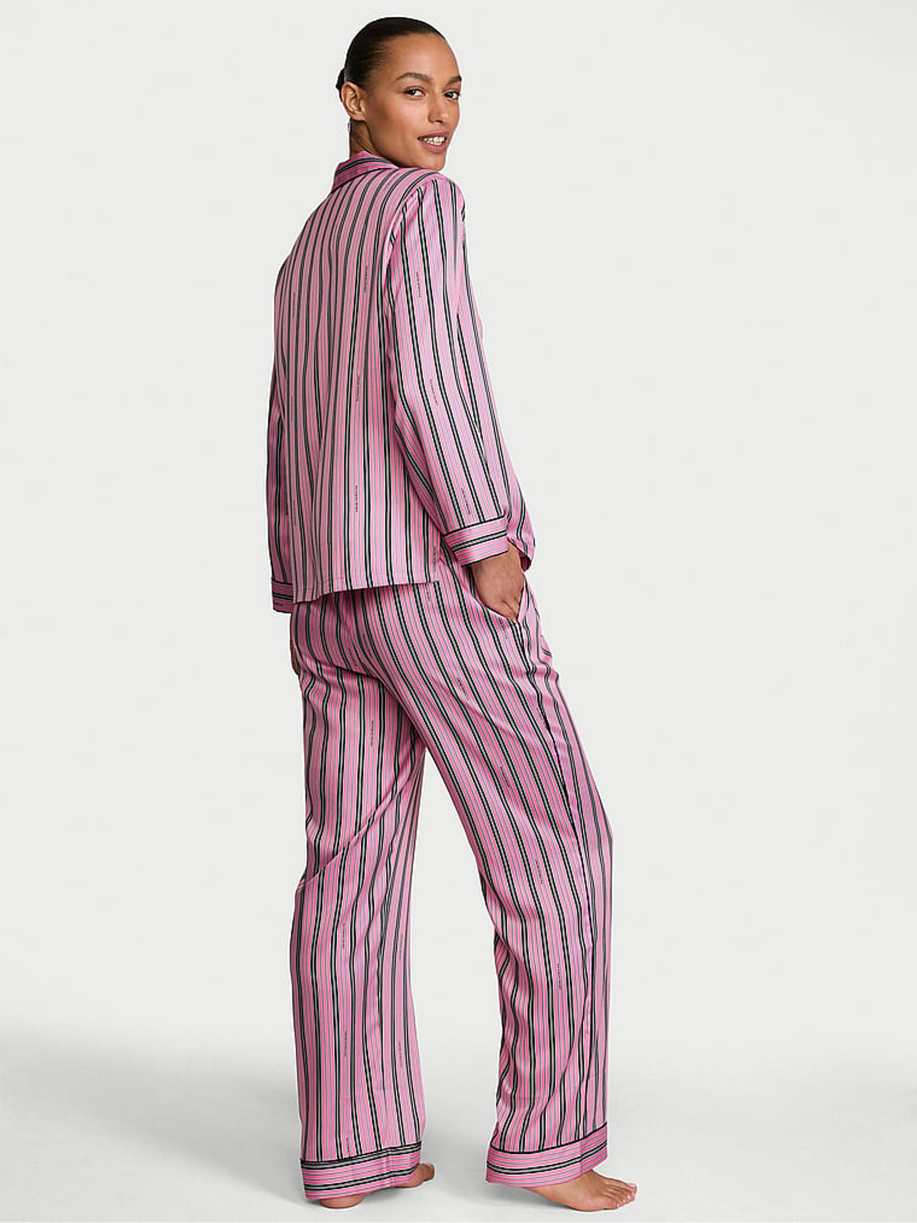 Pink Stripe Satin Long Pyjamas Set - Image 2 of 3 Pink Stripe Satin Long Pyjamas Set - Image 2 of 3