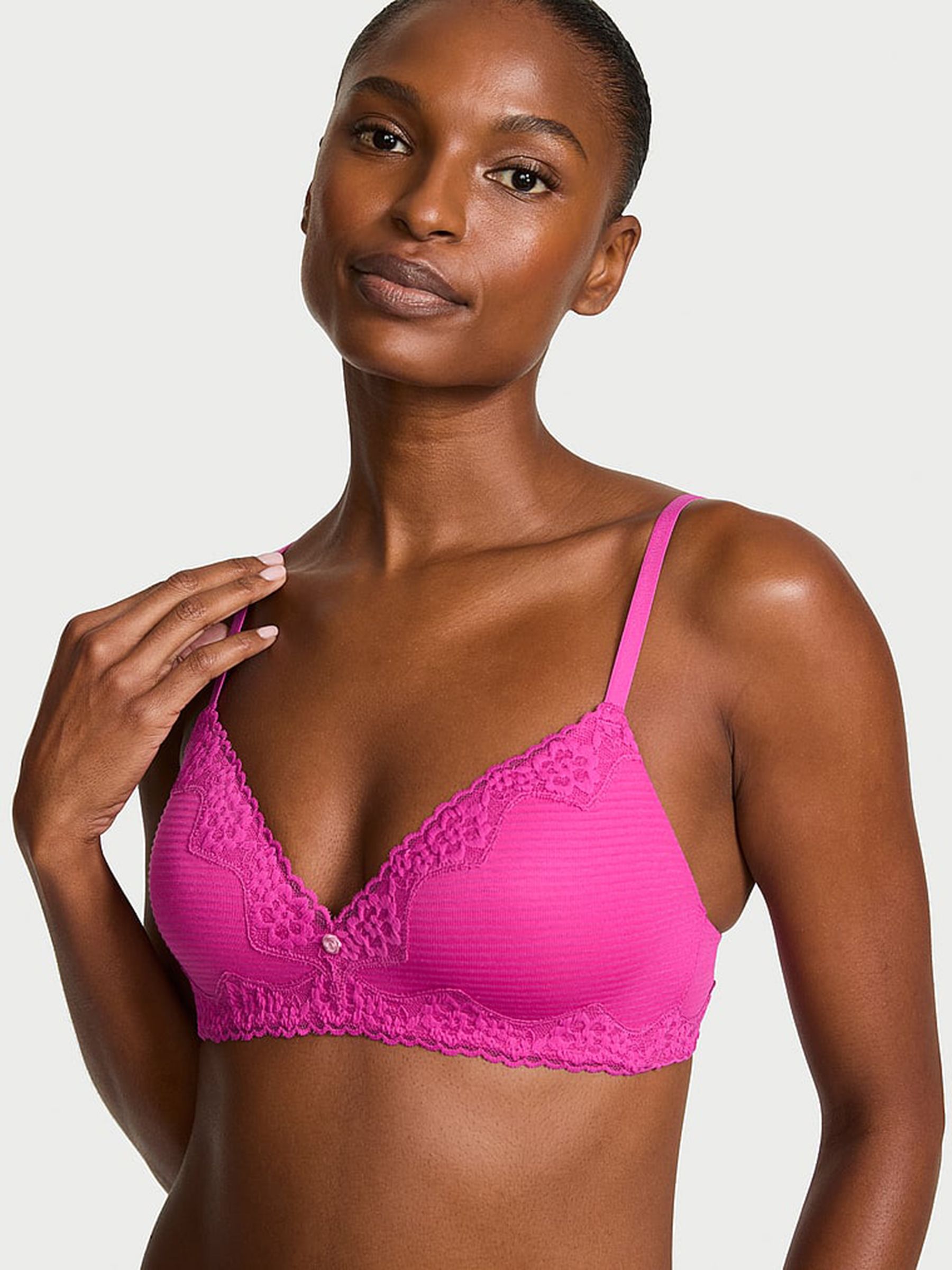 Pink Fire Lightly Lined Non Wired Cotton Stripe Lace Trim Bra - Image 1 of 2 Pink Fire Lightly Lined Non Wired Cotton Stripe Lace Trim Bra - Image 1 of 2