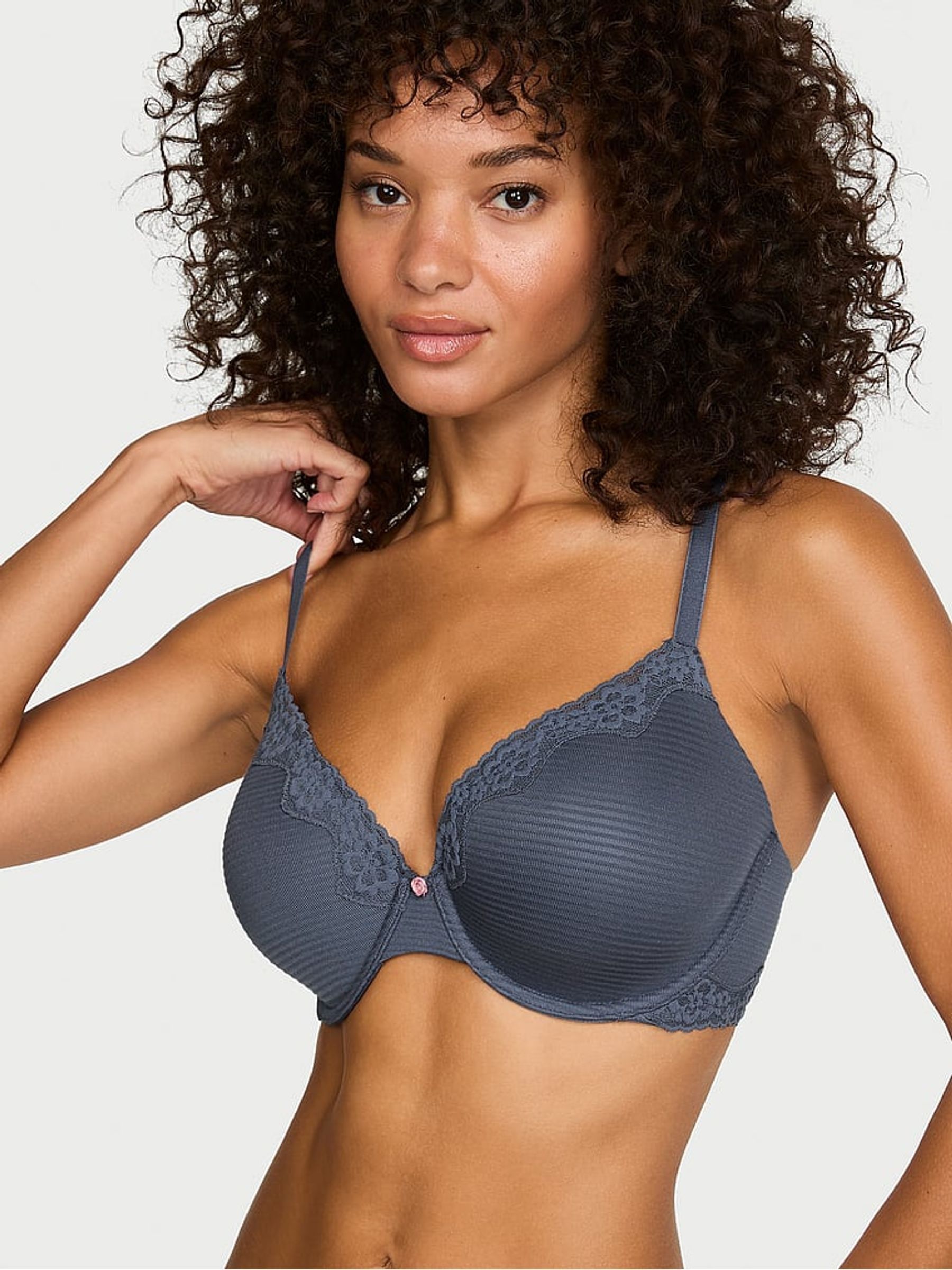 Blue stream Lightly Lined Full Cup Cotton Stripe Lace Trim Bra - Image 1 of 2 Blue stream Lightly Lined Full Cup Cotton Stripe Lace Trim Bra - Image 1 of 2