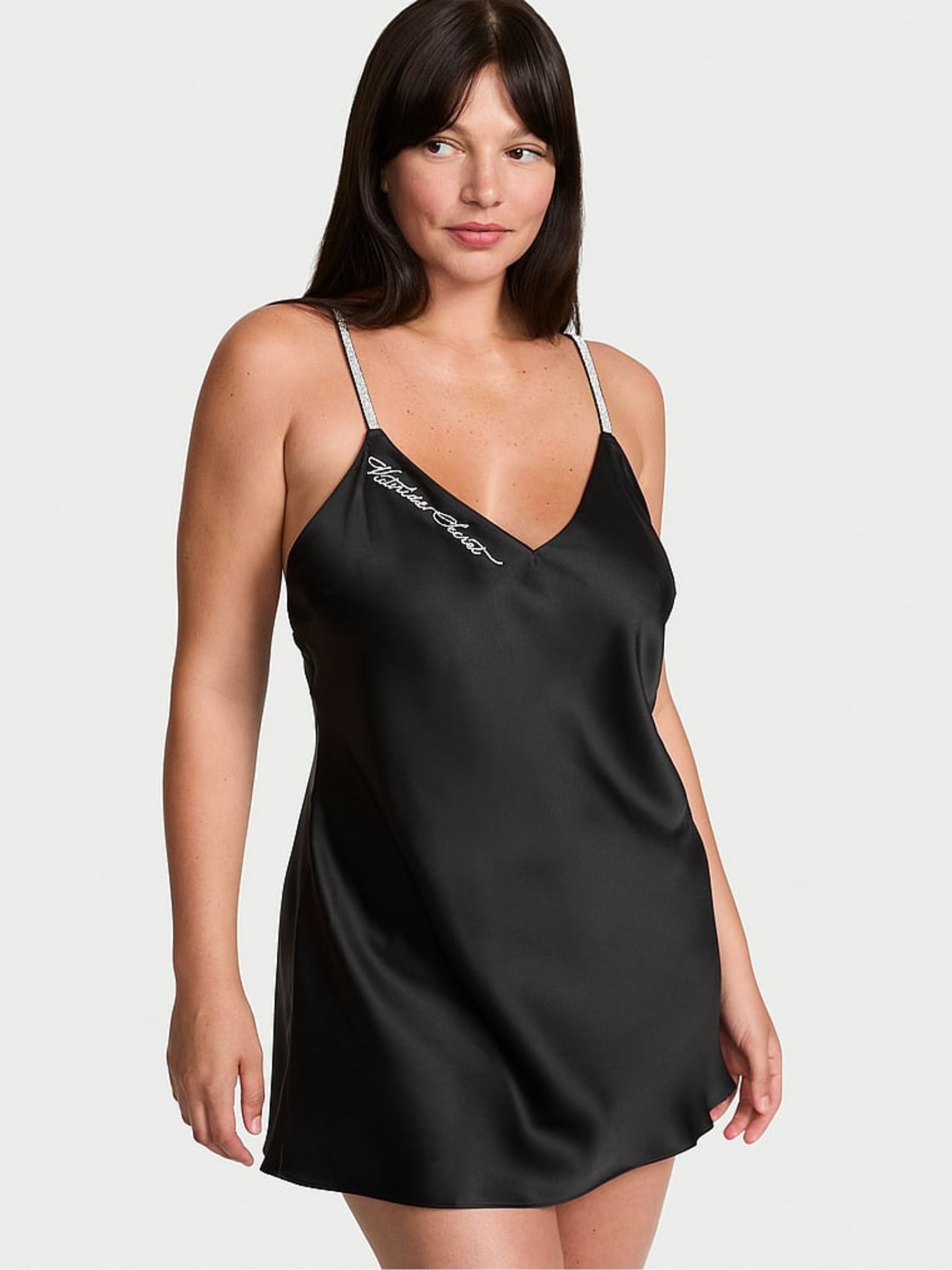 Black Mini Shine Script Satin Slip Dress - Image 1 of 2 Black Mini Shine Script Satin Slip Dress - Image 1 of 2