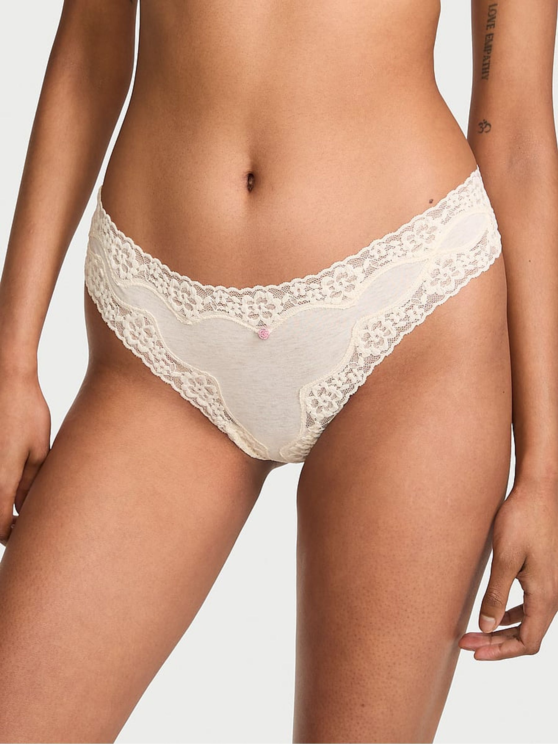 Natural Heather Nude Thong Cotton Lace Waist Knickers - Image 1 of 2
