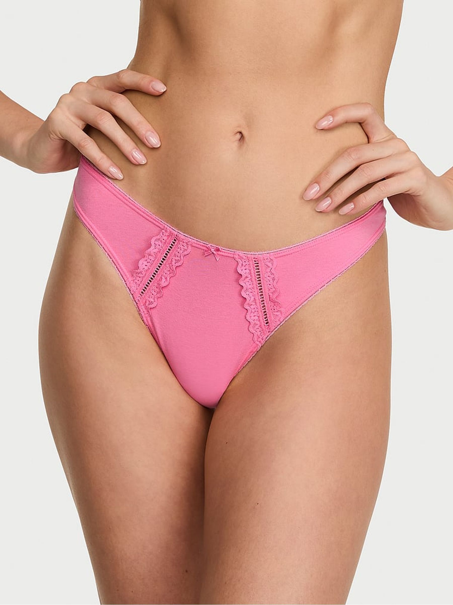Sexy Little Pink Thong Cotton Lace Trim Knickers - Image 1 of 2