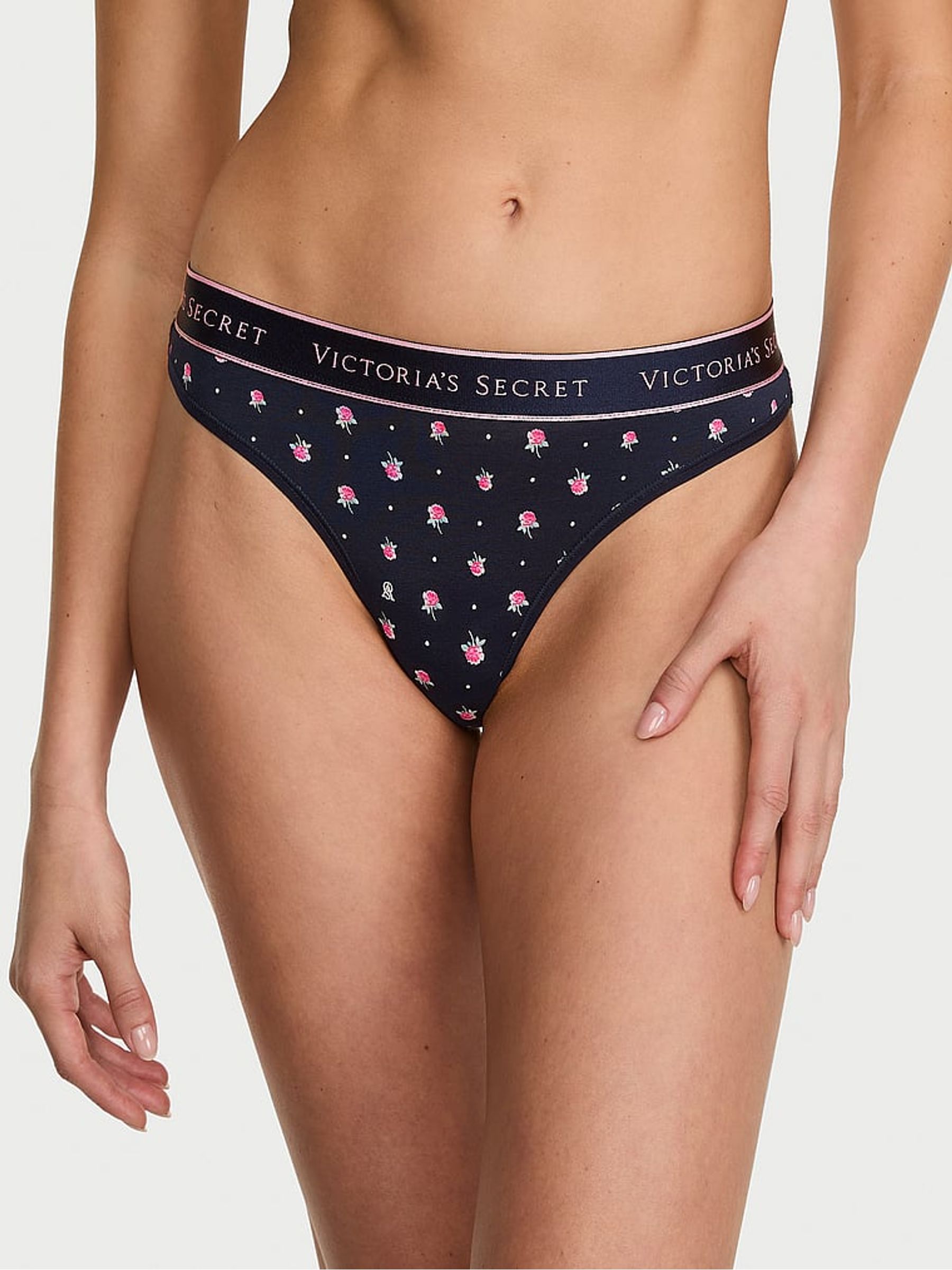 Navy Blue Floral Thong Logo Knickers - Image 1 of 2