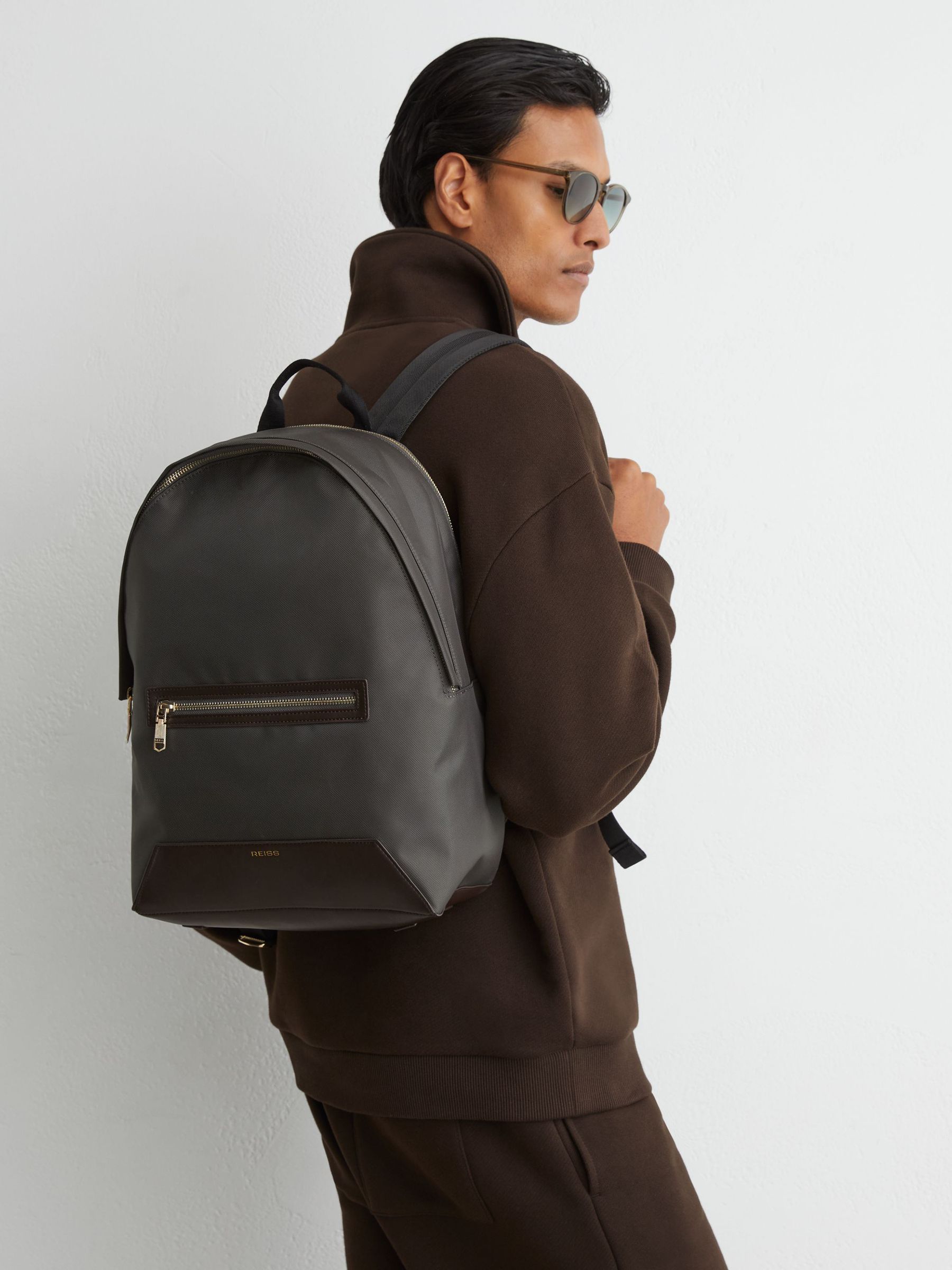 Woven Zipped Backpack in Moss Green - Image 1 of 8
